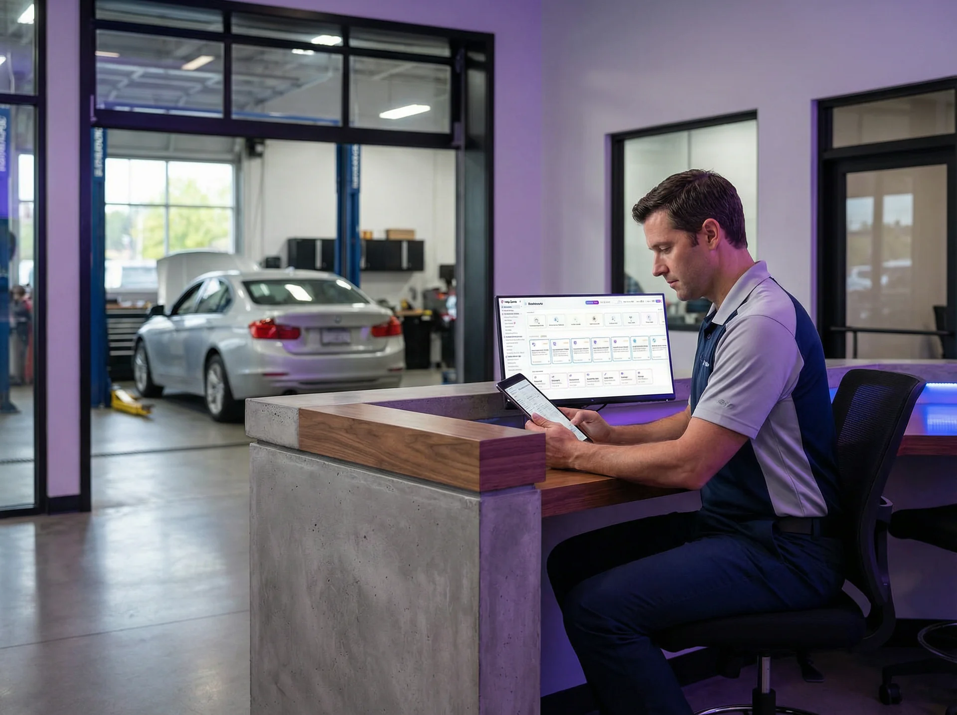 Auto repair shop service desk with Help Genie AI receptionist handling a customer call on a tablet screen