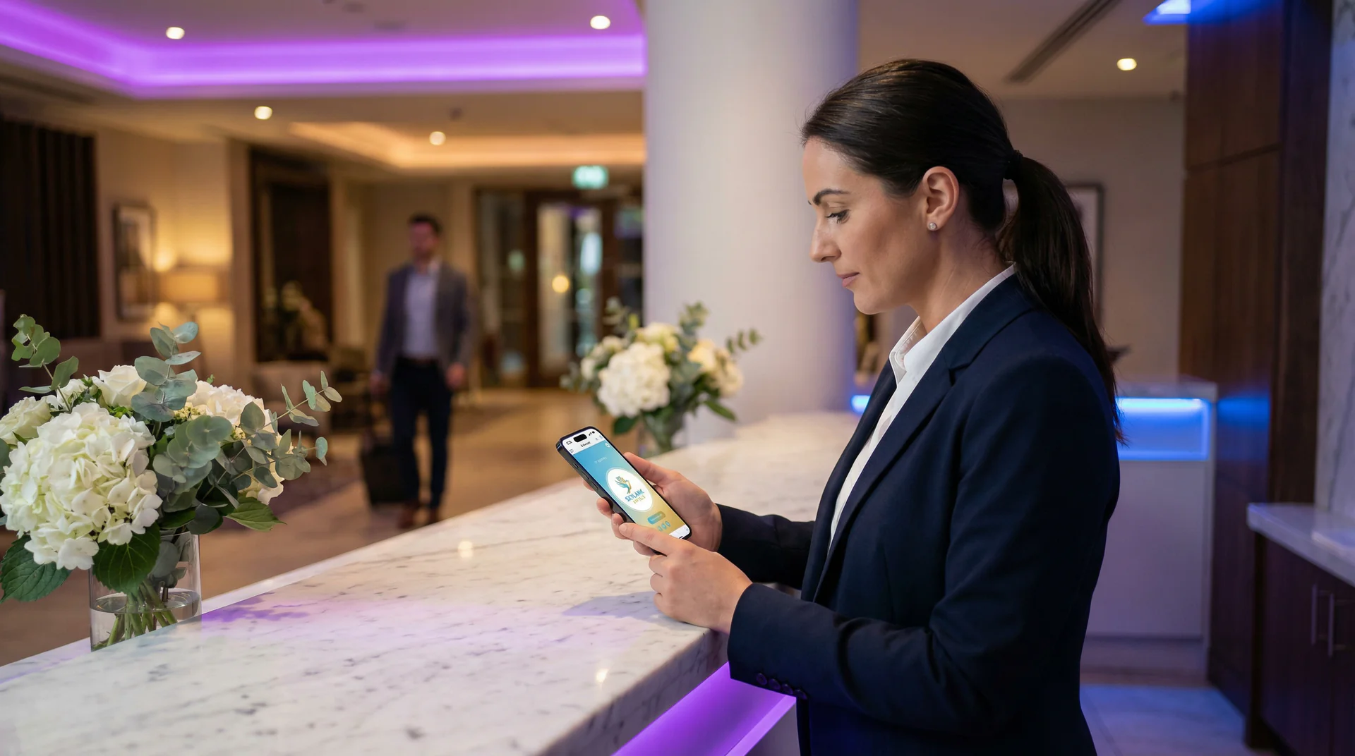Hotel front desk area with a reservation screen showing room upgrade options