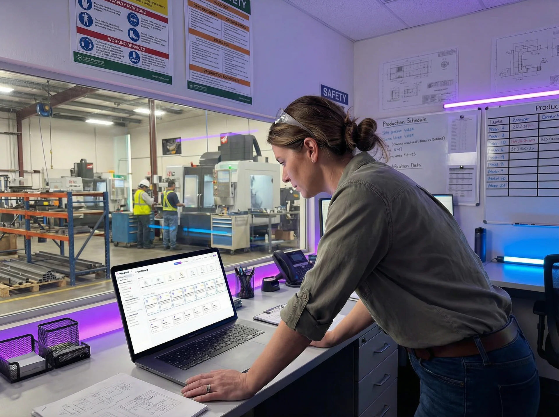 Manufacturing shop floor with a tablet mounted near a CNC machine showing a structured RFQ intake form from Help Genie