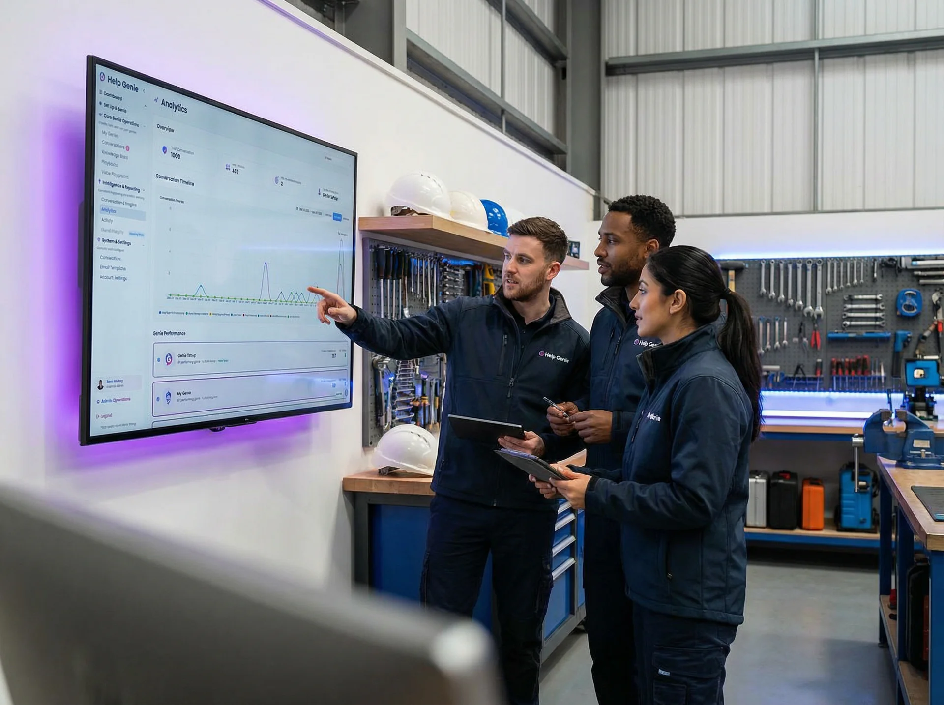 Industrial equipment service team reviewing AI-prioritized safety reports on a digital dashboard