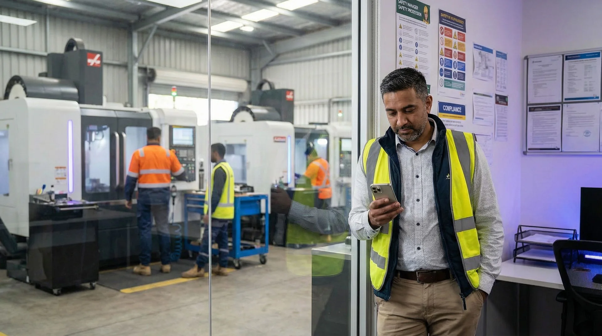 Industrial facility control room with safety compliance monitoring screens and call management displays
