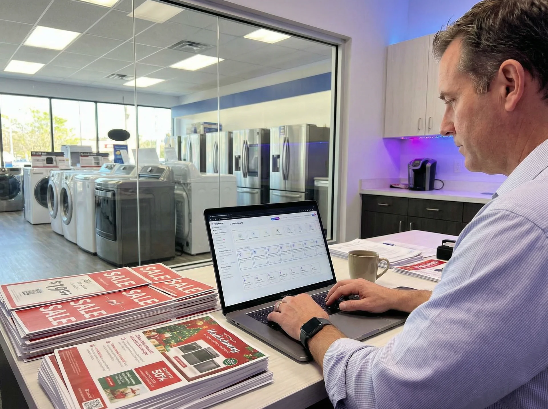 Appliance store manager updating promotion details in a dashboard before a holiday sale weekend