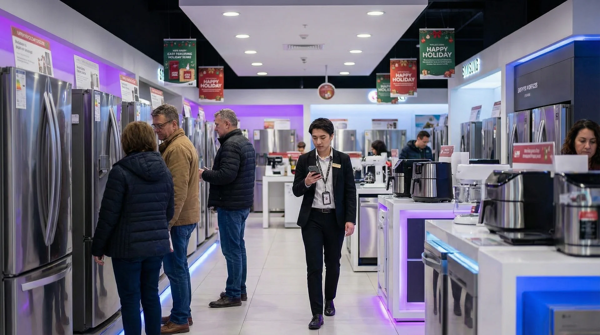 Busy appliance retail showroom during a holiday sale event with customers browsing kitchen and cooling appliances