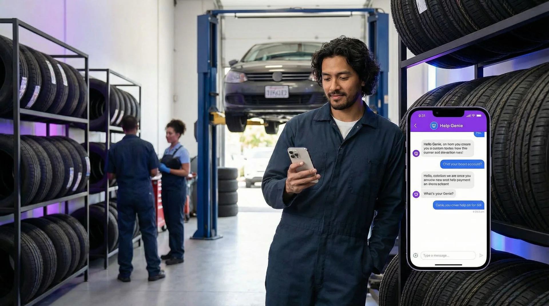 A tire shop technician working on a vehicle while AI handles the rush of seasonal changeover appointment calls