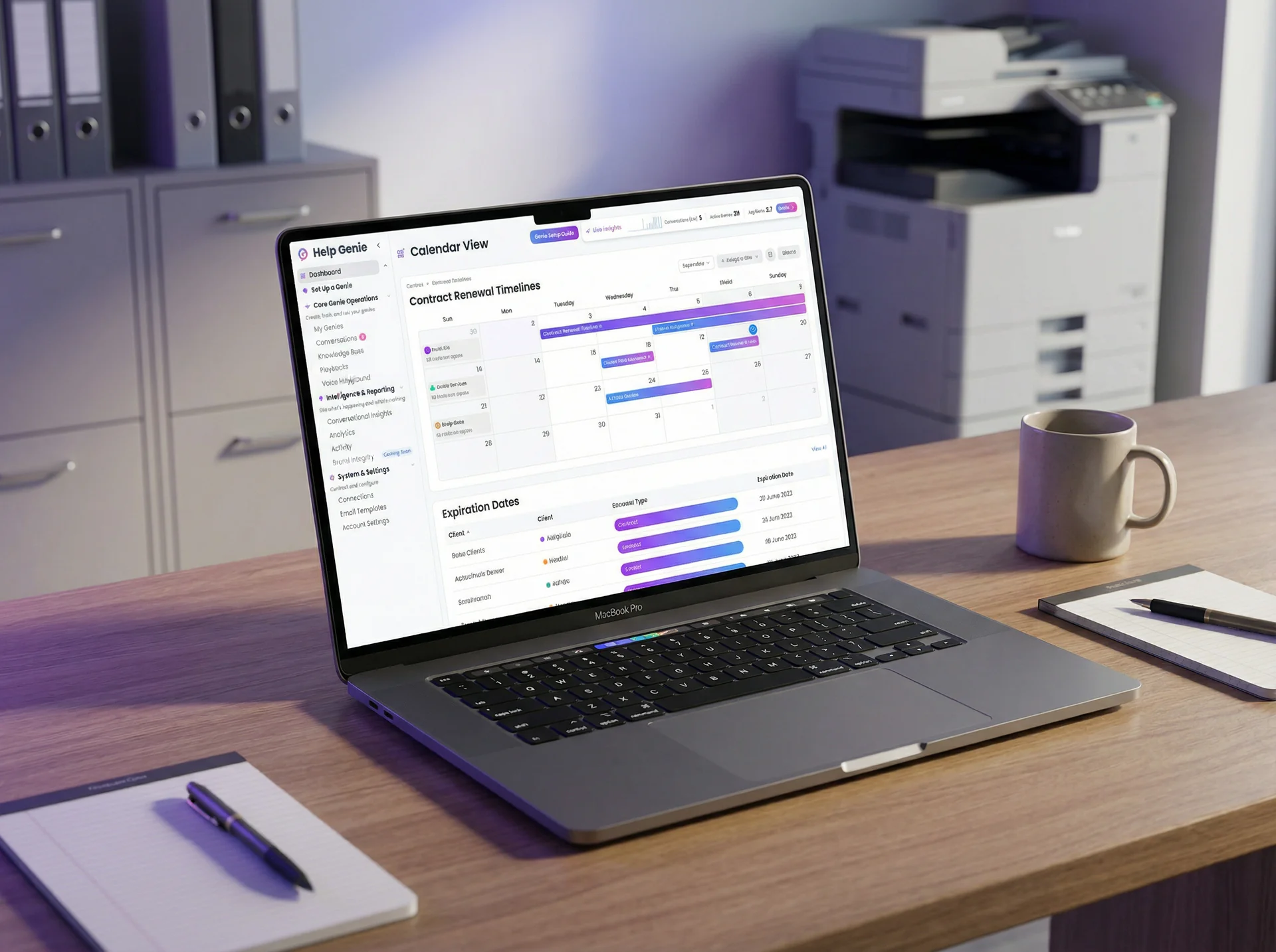 Dashboard showing copier service contracts approaching renewal dates organized by expiration timeline