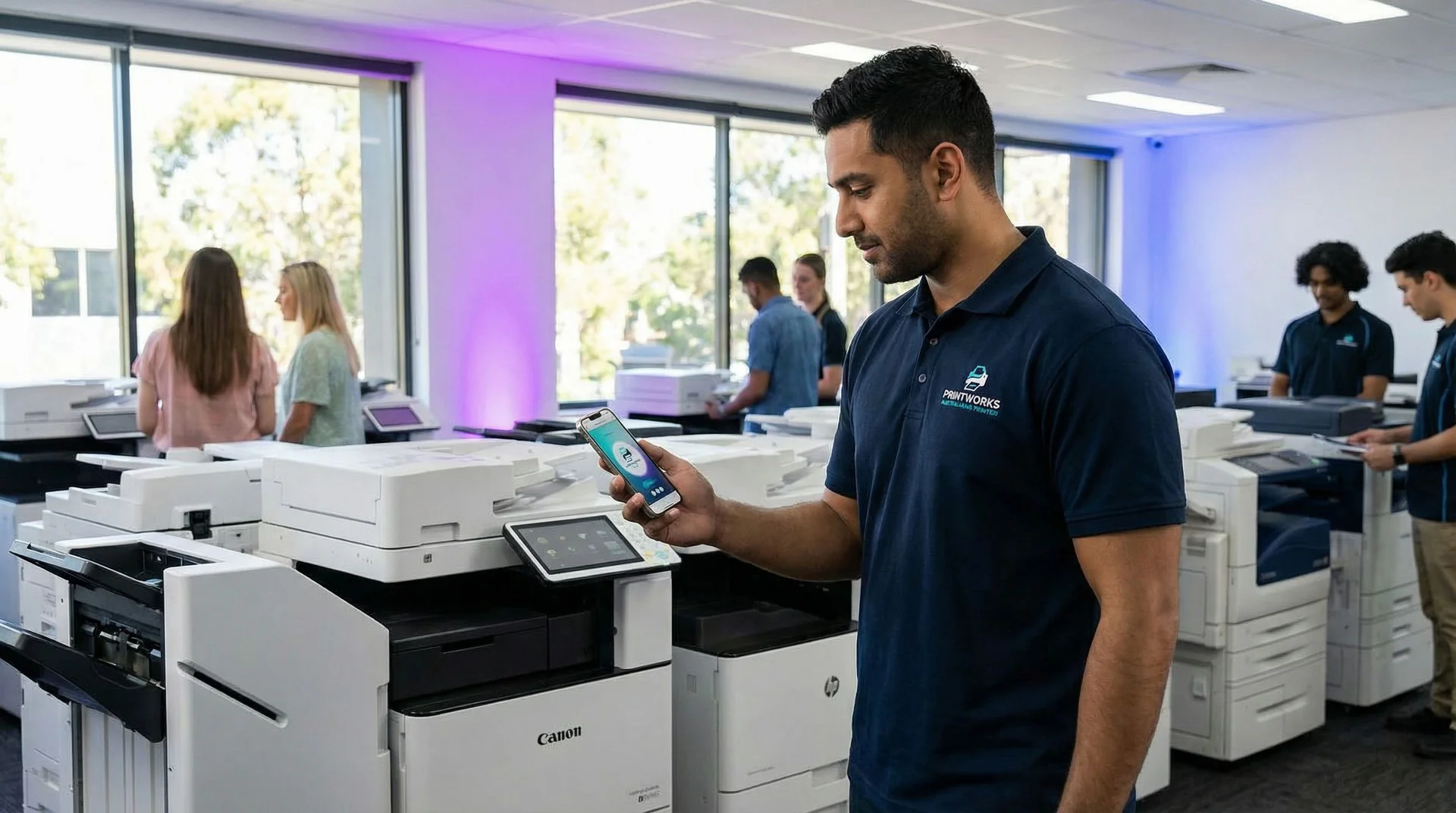 Office equipment service technician reviewing contract renewal details on a tablet near multifunction copiers