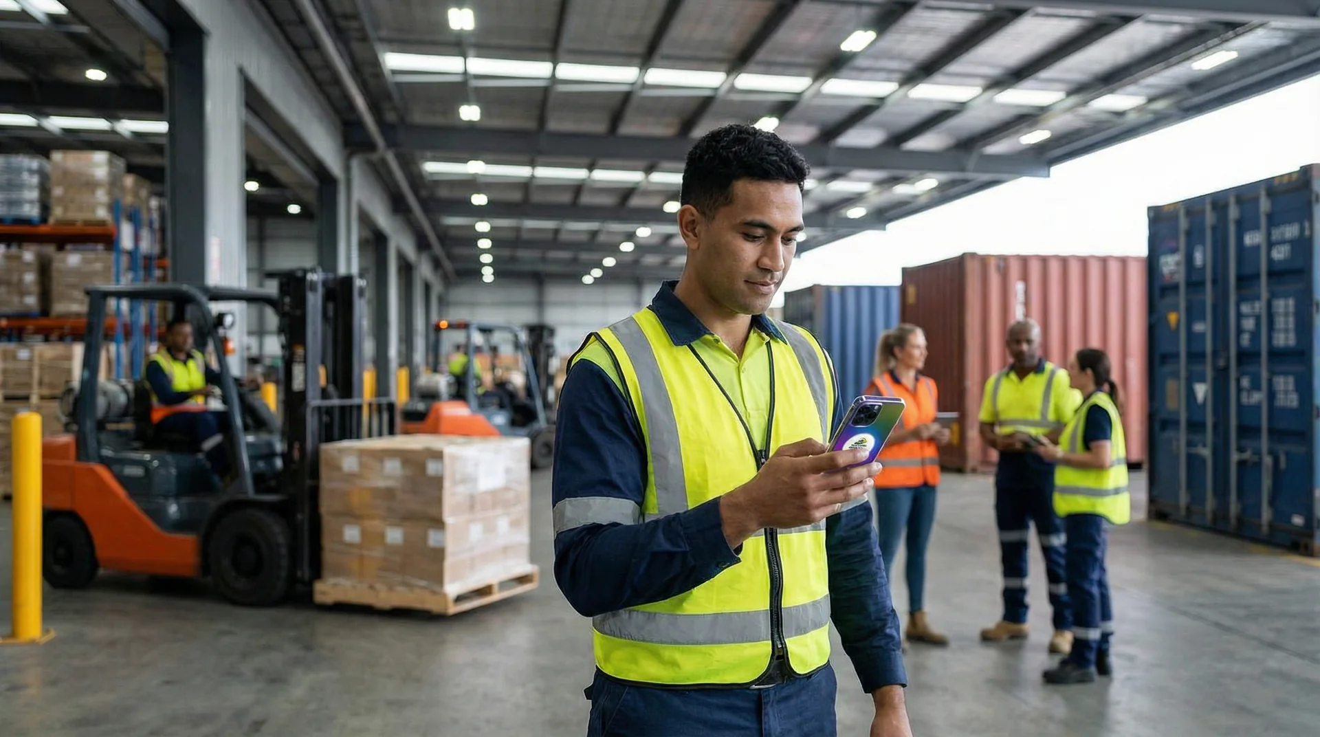 Logistics dispatcher at a desk with multiple screens showing freight tracking maps