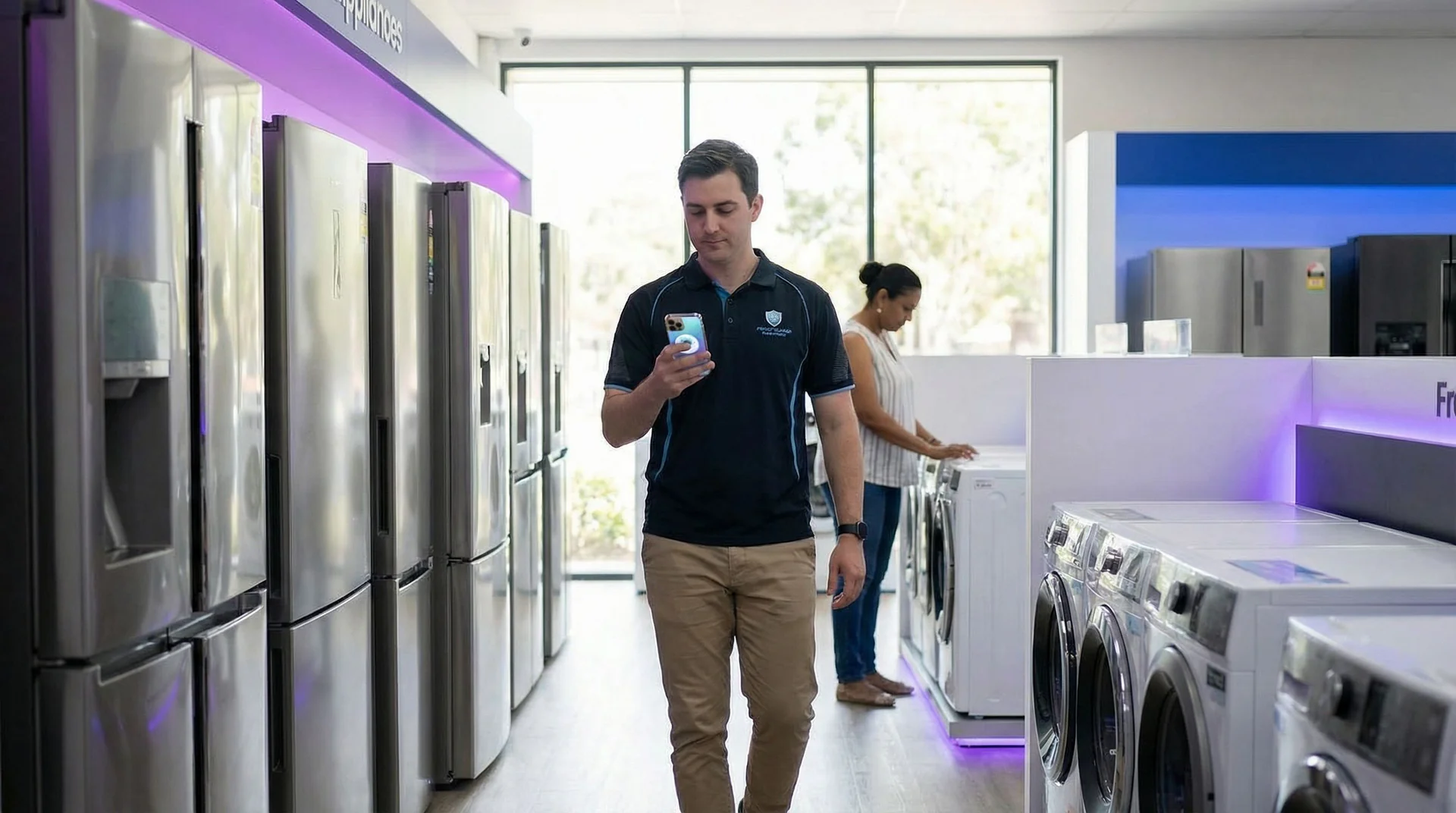 Appliance retail showroom with refrigerators and ranges on display while a sales associate helps a customer