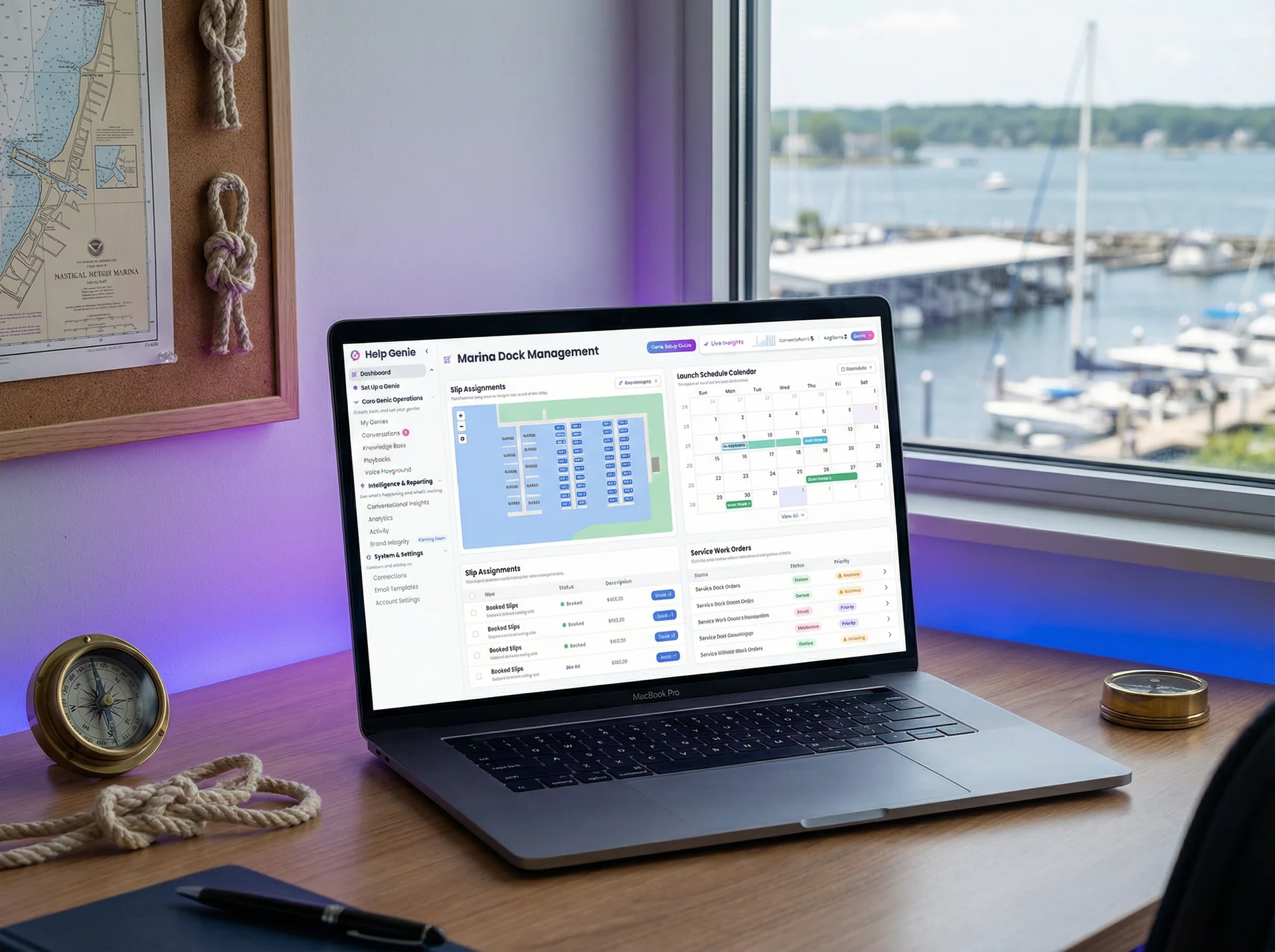 Marina office with dock management system showing slip assignments, launch schedule, and service work orders
