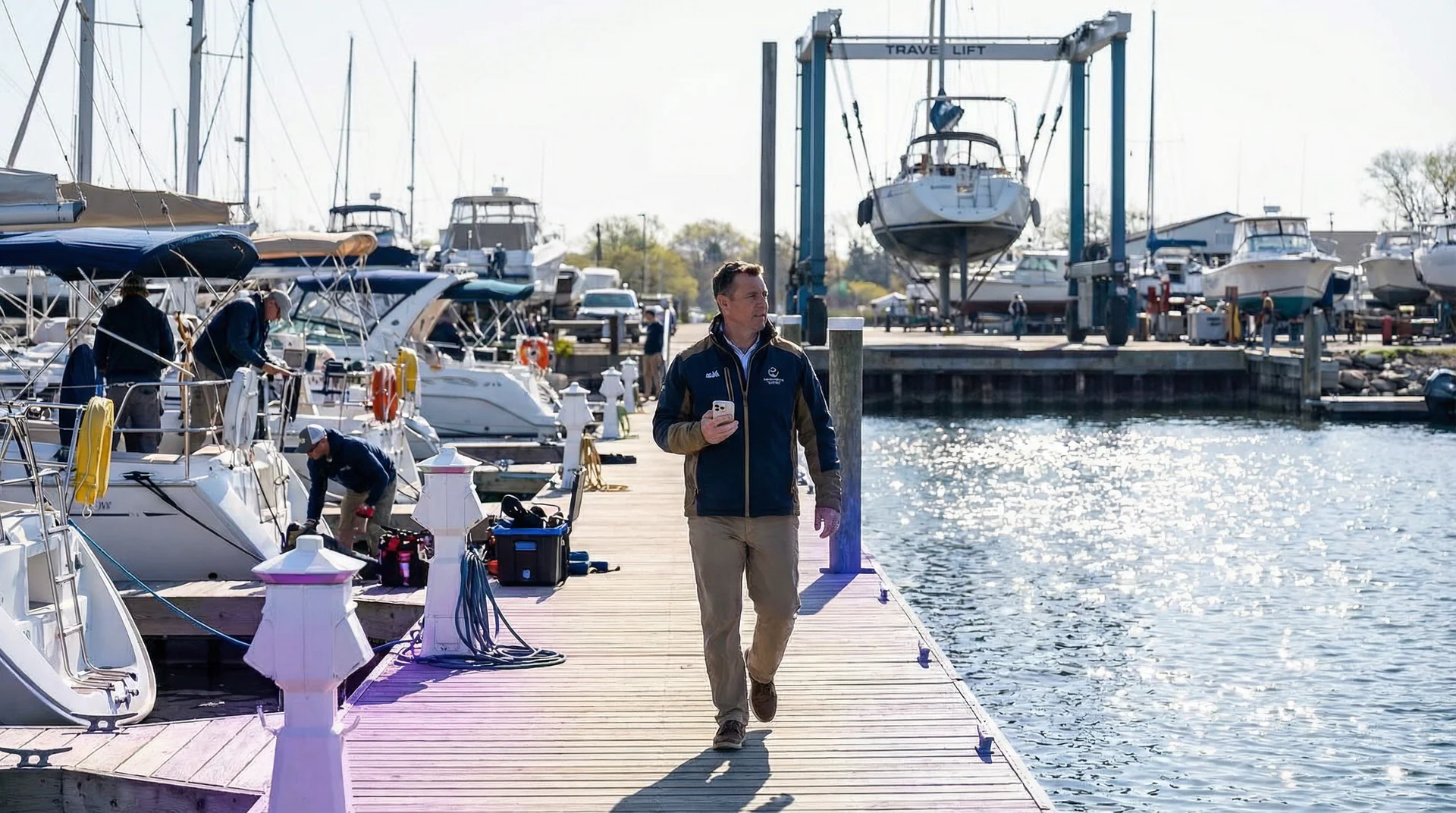 Marina dock during spring launch season with boats being lowered into the water by a travel lift