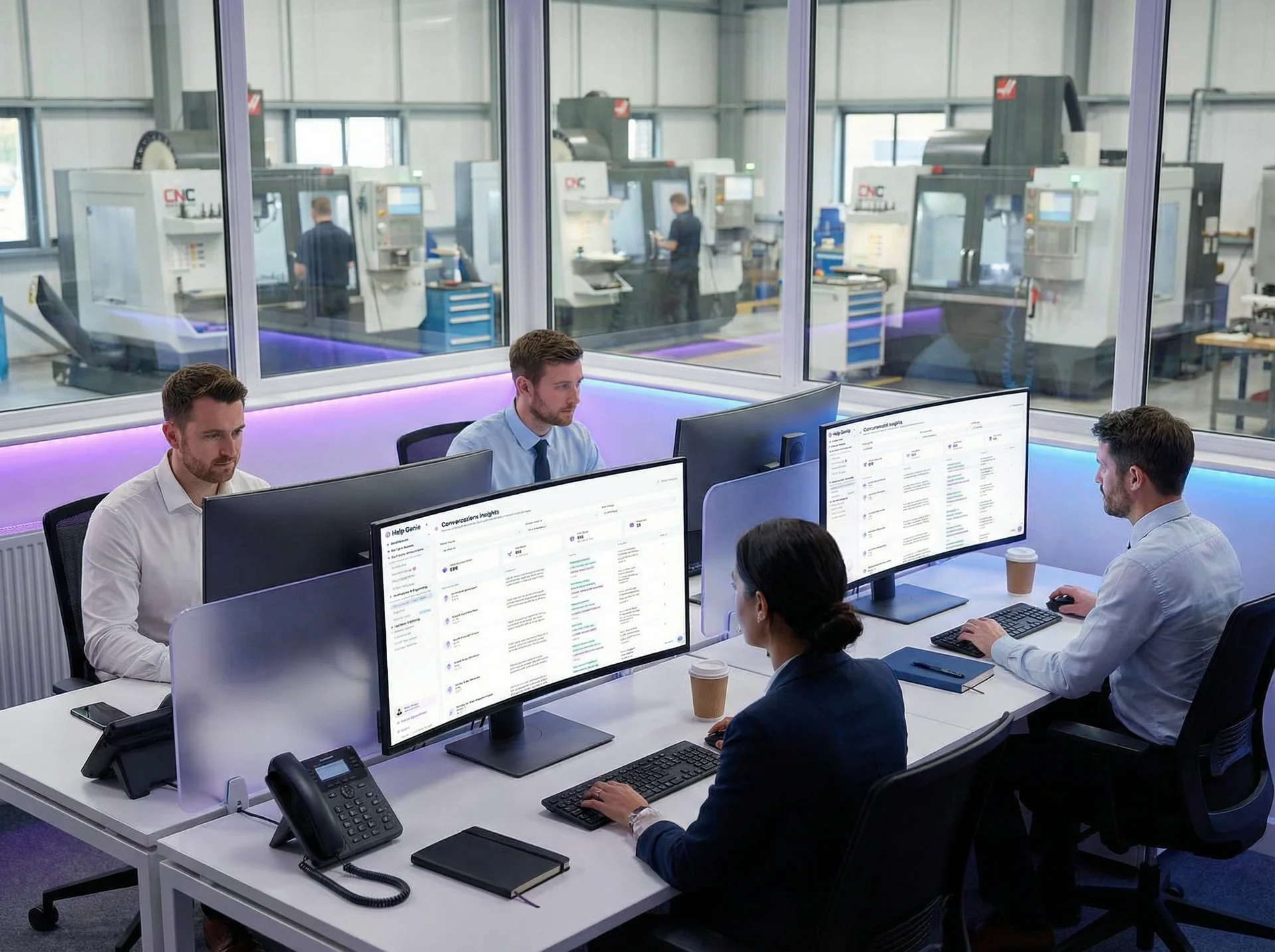 Procurement team in a manufacturing office reviewing supplier data on screens instead of fielding phone calls