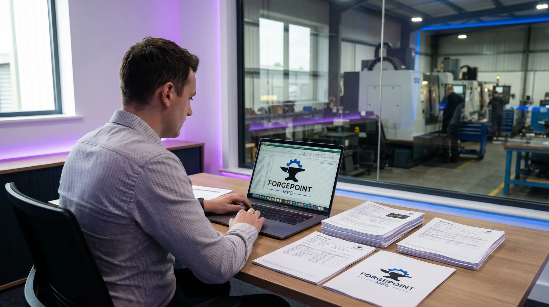 Manufacturing facility floor with workers coordinating shipments and logistics near a loading dock