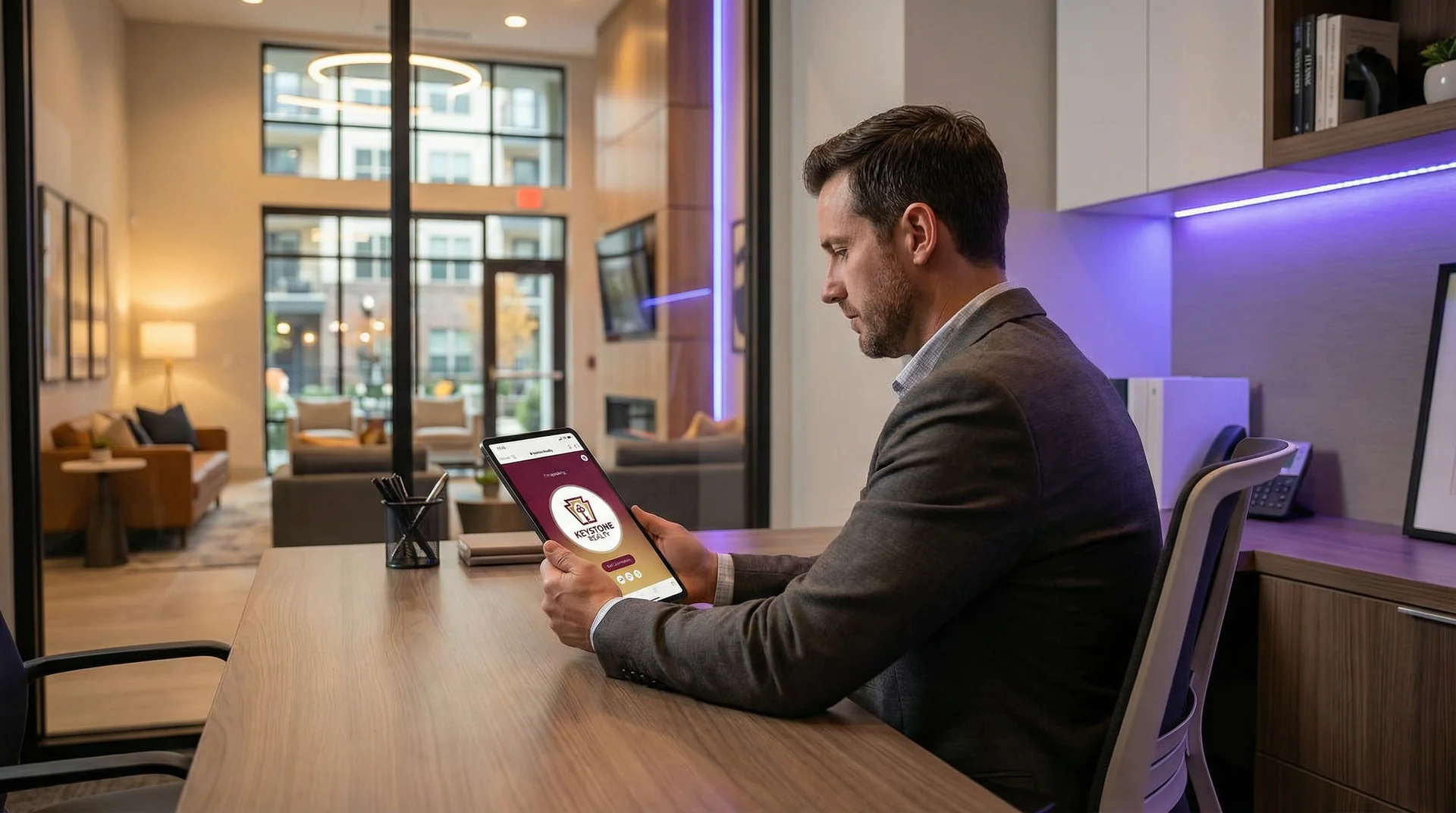 Property manager reviewing tenant requests on a tablet while an AI system handles incoming maintenance calls