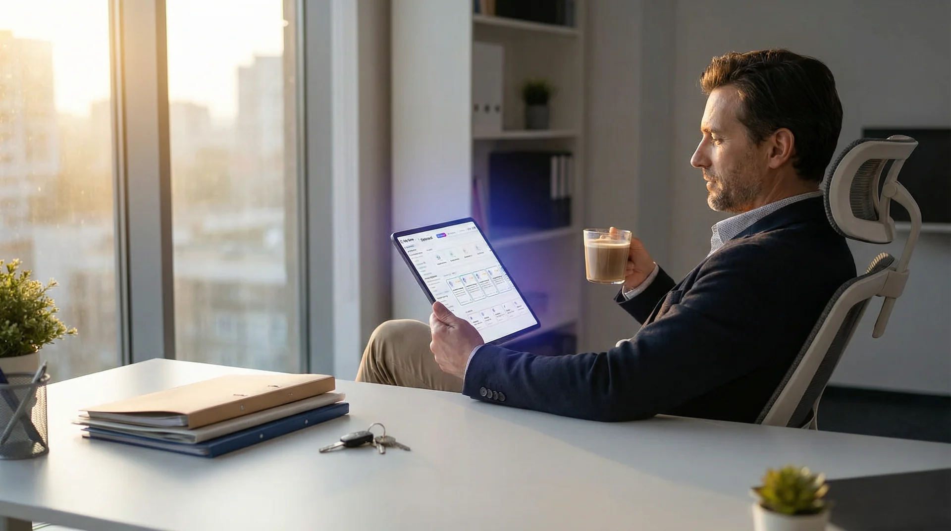 Property management office with maintenance request dashboard showing AI-triaged urgent and routine tickets