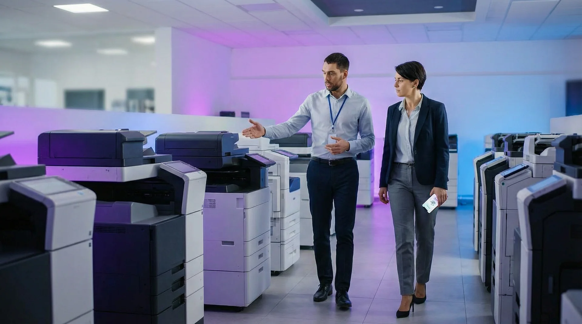 Modern office equipment dealership showroom with digital displays and multifunction printers