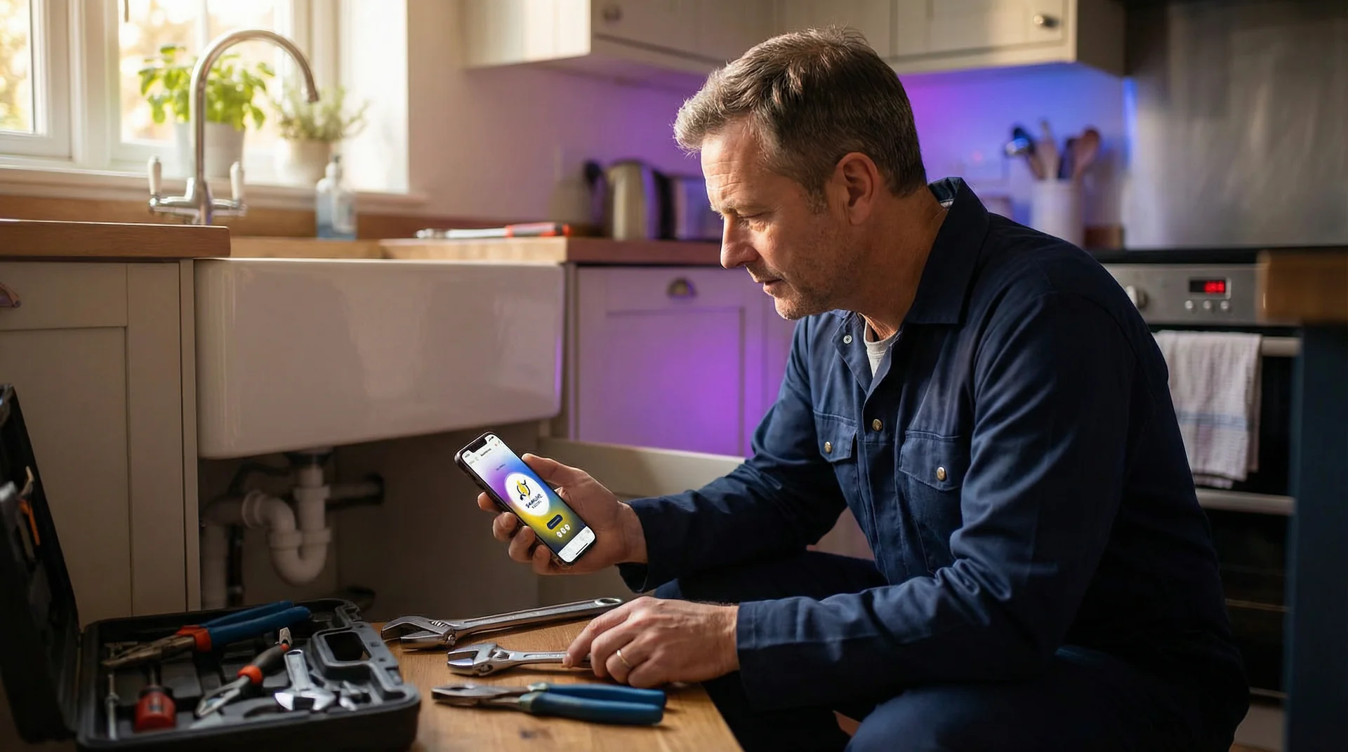 Trades professional checking phone with Help Genie AI receptionist summary between jobs