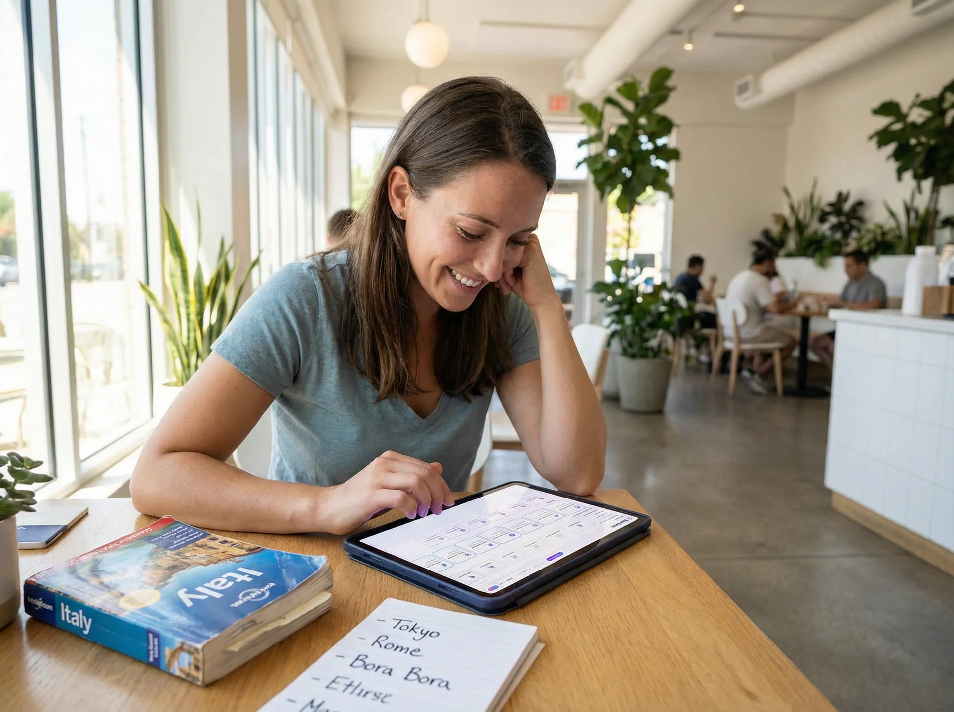 Travel agent's desk with a world map, travel brochures, and a phone showing AI trip inquiry data being collected