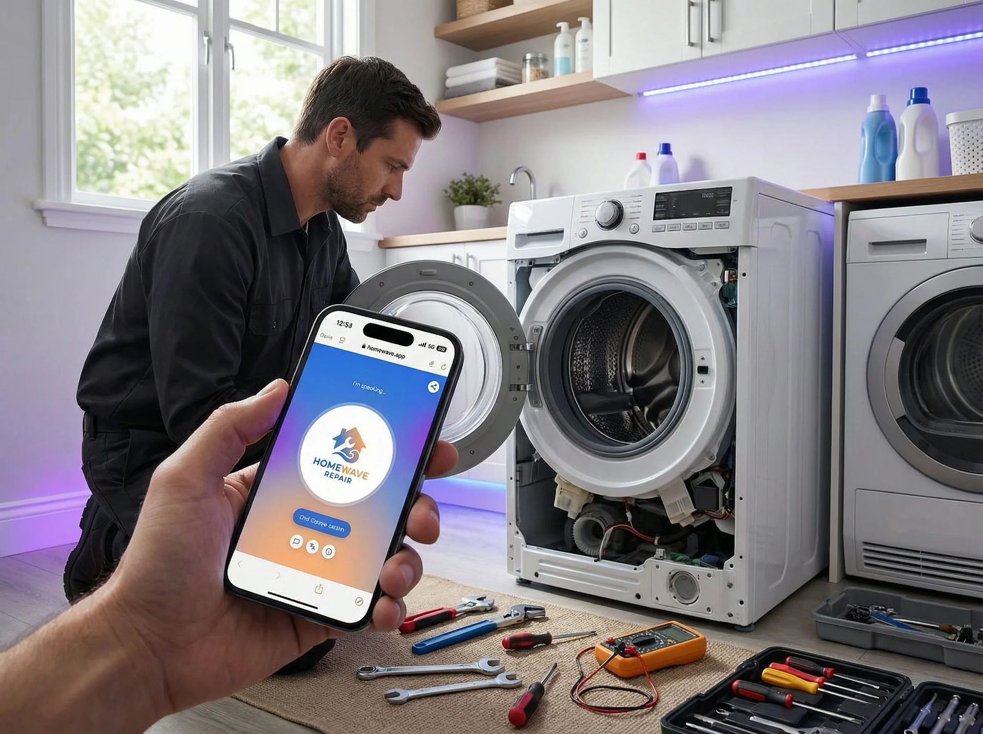 Appliance repair technician reviewing a Help Genie dispatch summary on a tablet before a service call