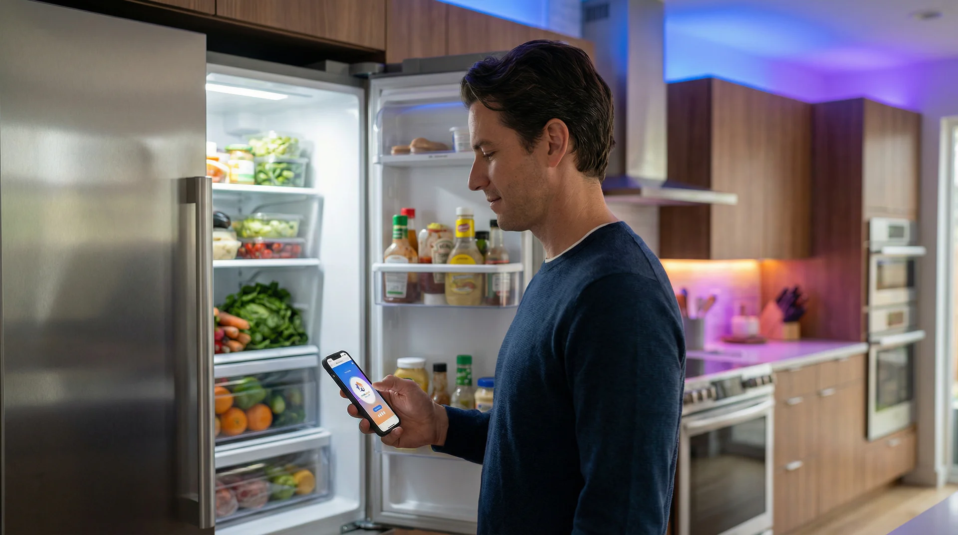 Appliance repair technician diagnosing a refrigerator while holding a tablet