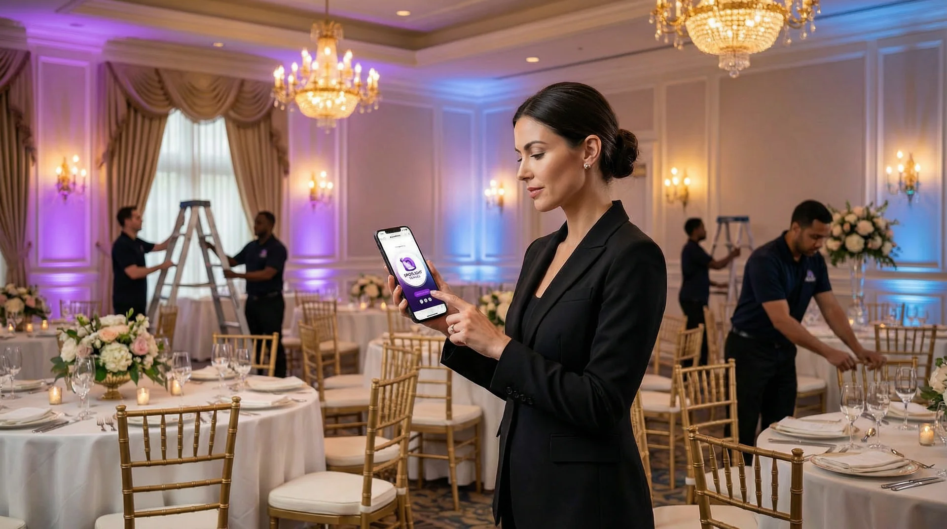 Event planner coordinating a venue setup while an AI assistant handles incoming client calls and inquiry details
