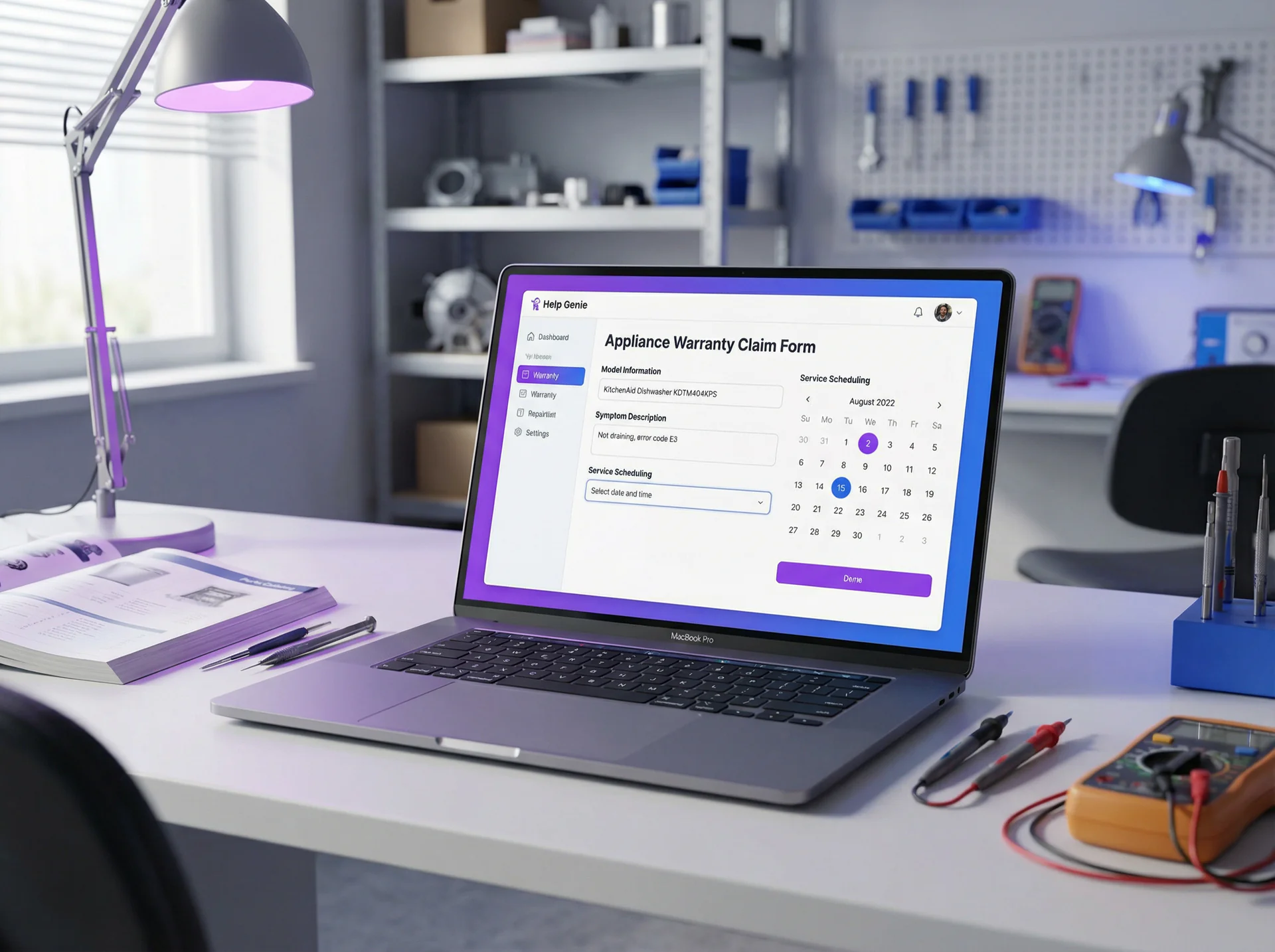 Detailed warranty claim form with appliance model information, symptom descriptions, and service scheduling