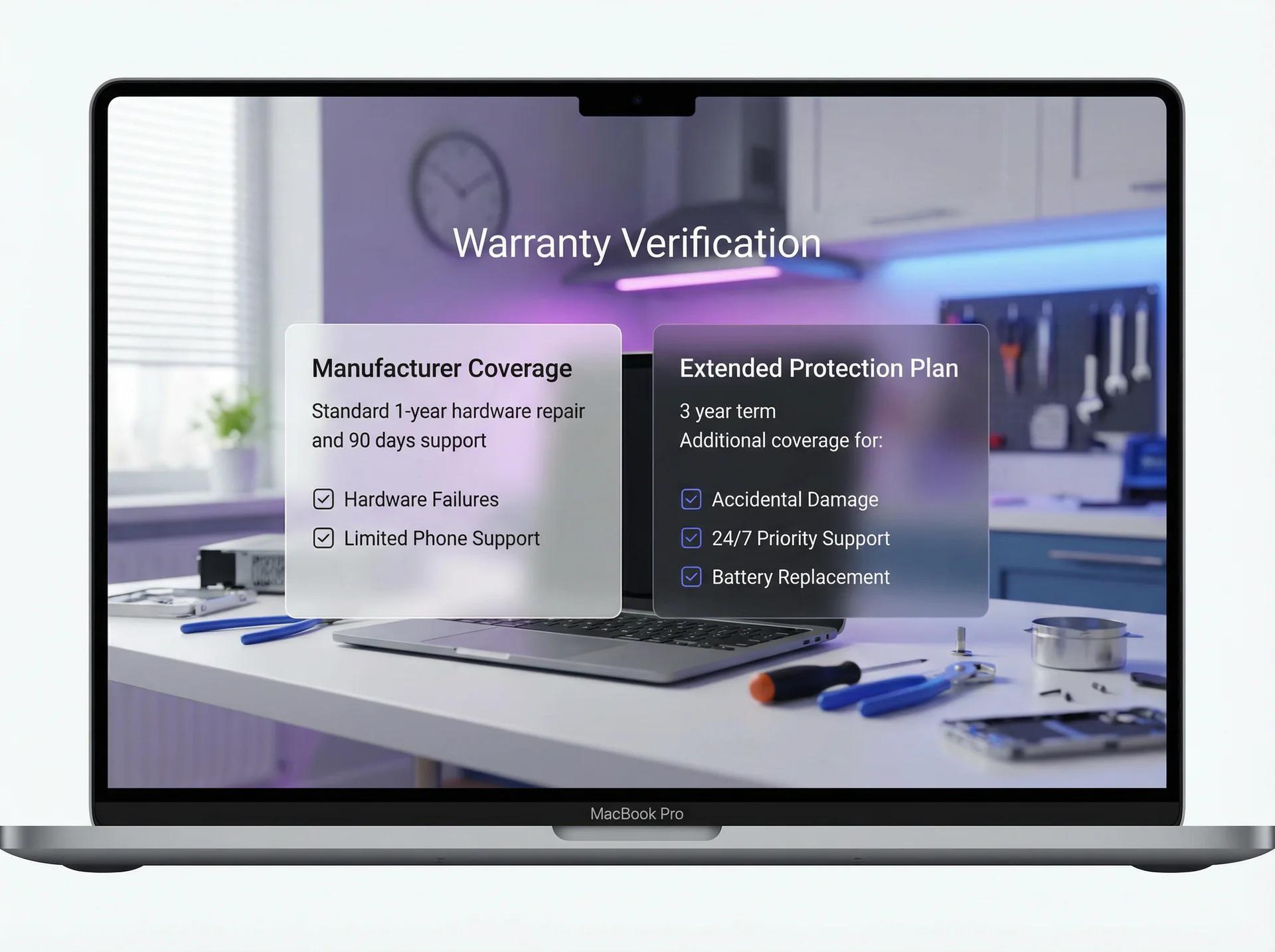 Split screen showing warranty verification process comparing manufacturer coverage with extended protection plan terms