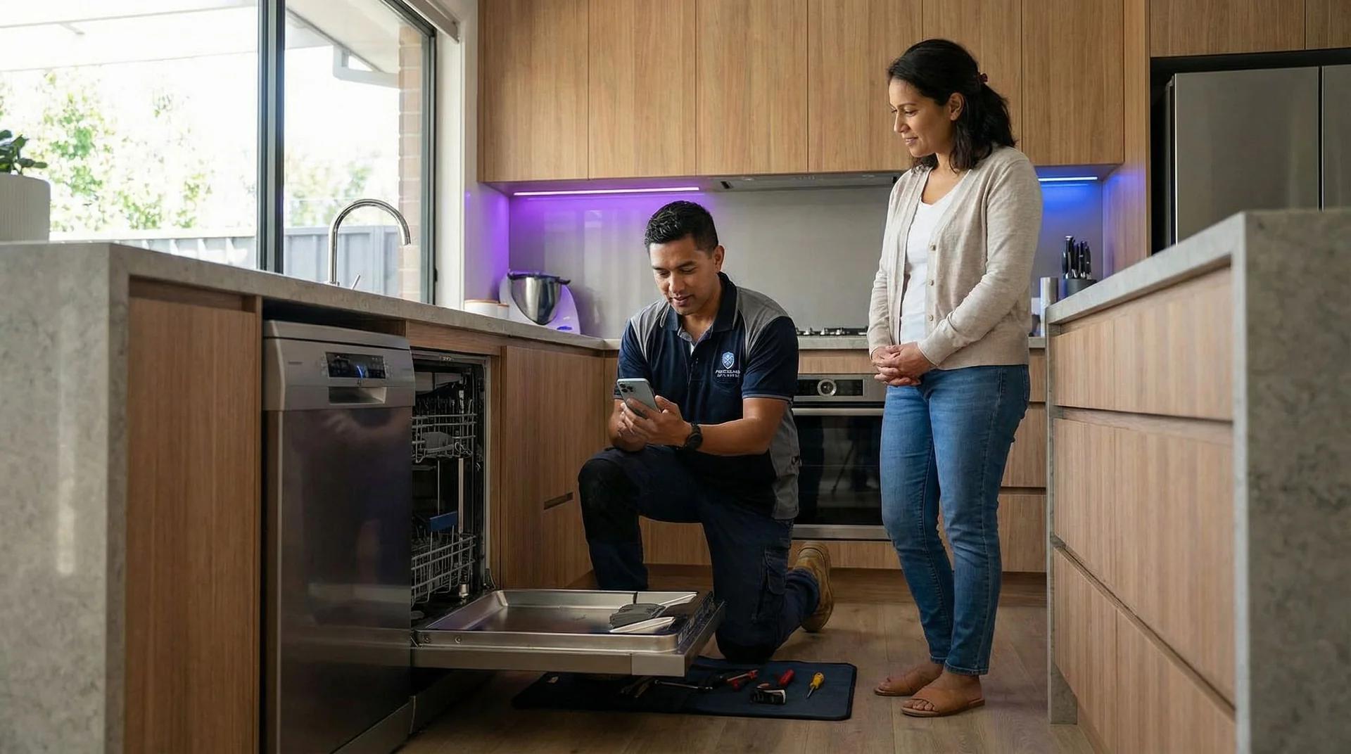 Appliance repair technician reviewing warranty claim details on a tablet next to a dishwasher