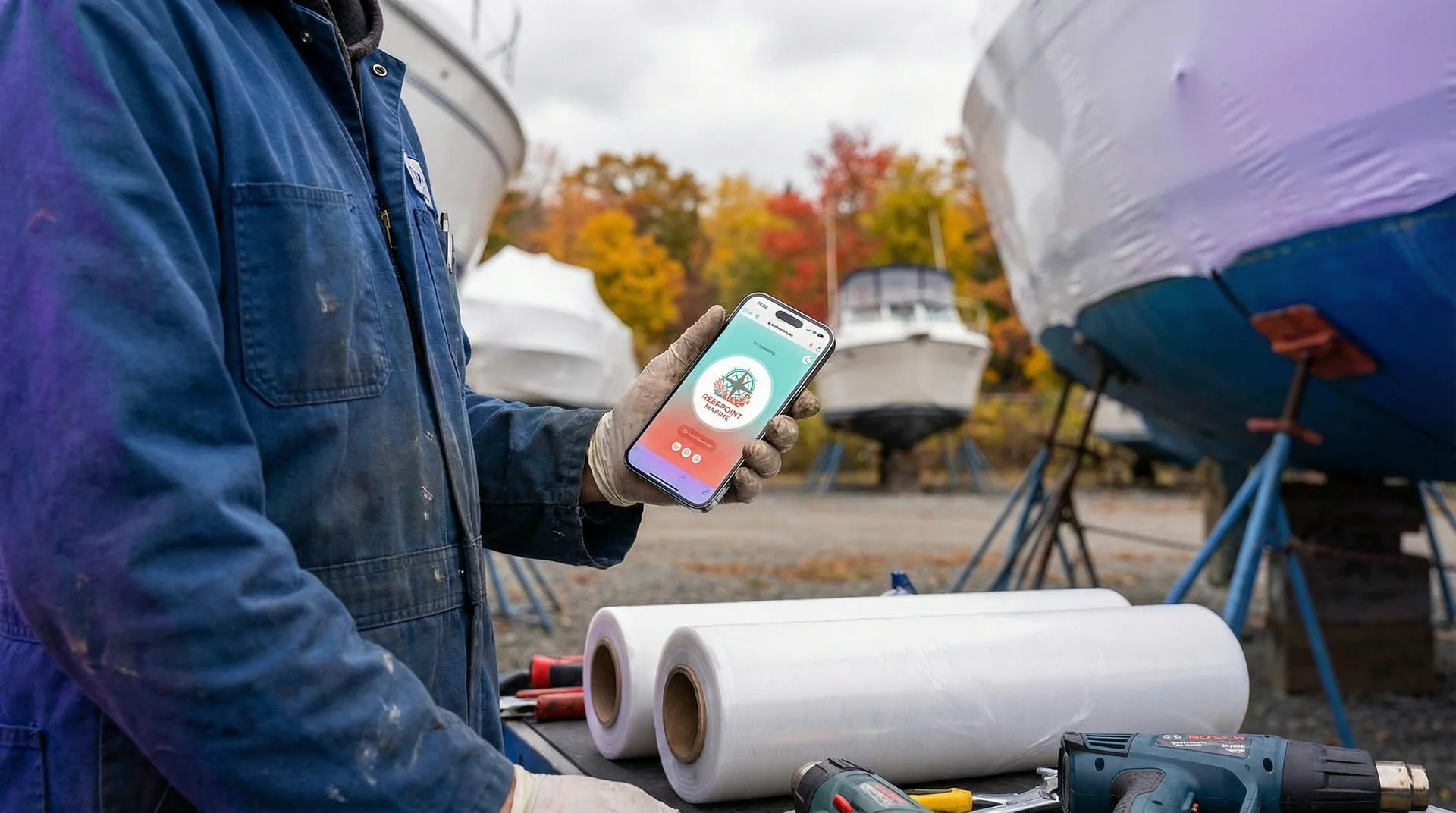 Marine service yard with boats on stands being prepared for winter storage