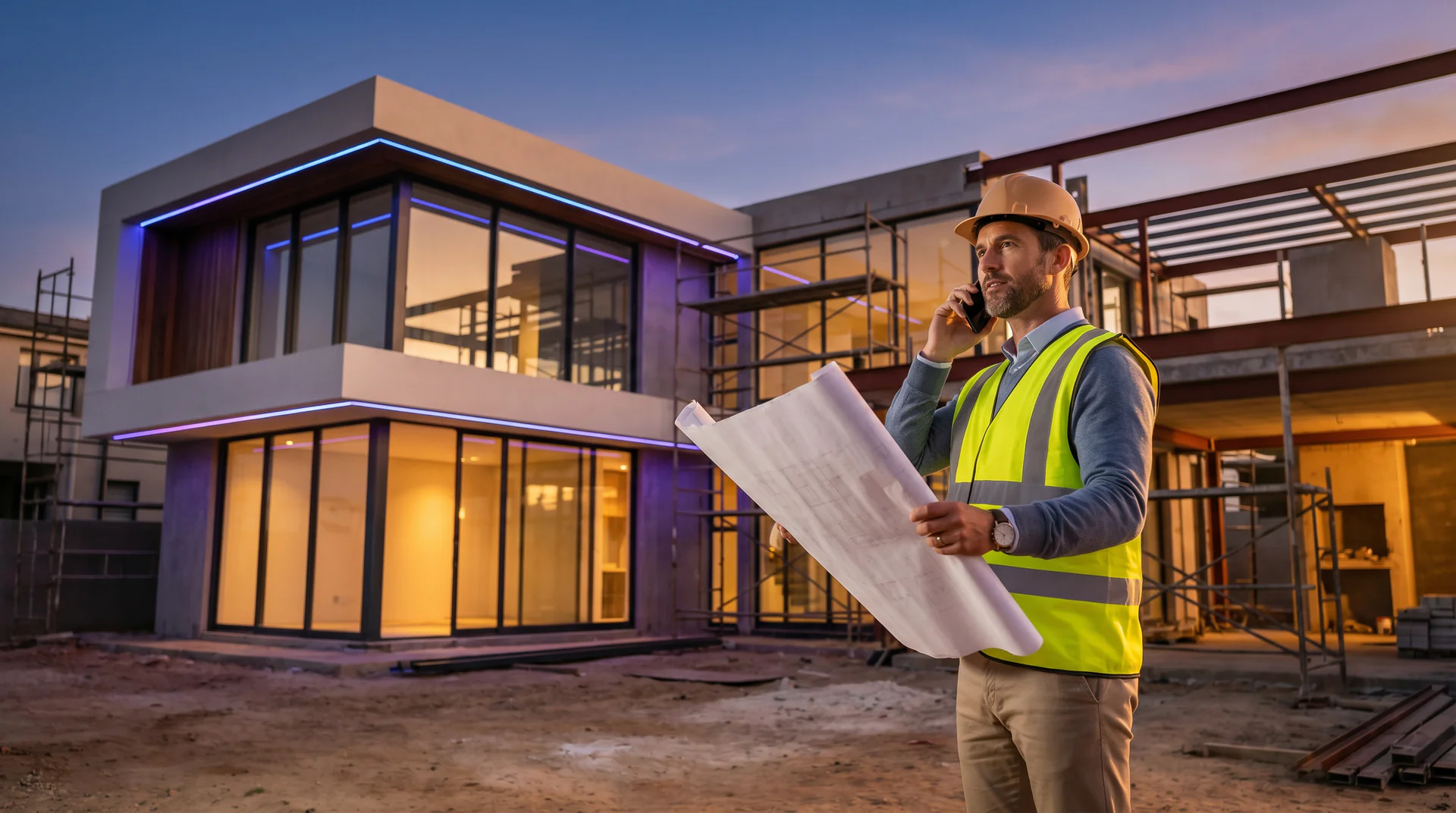 Professional builder reviewing project plans on a residential construction site while taking a phone consultation