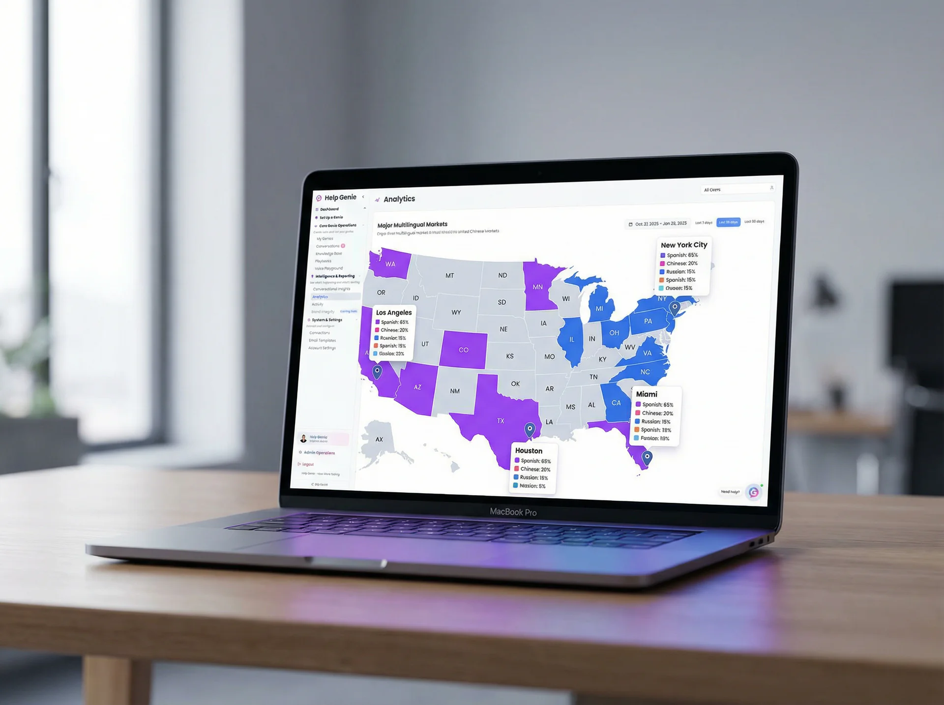 Map of the United States highlighting major multilingual markets with language statistics