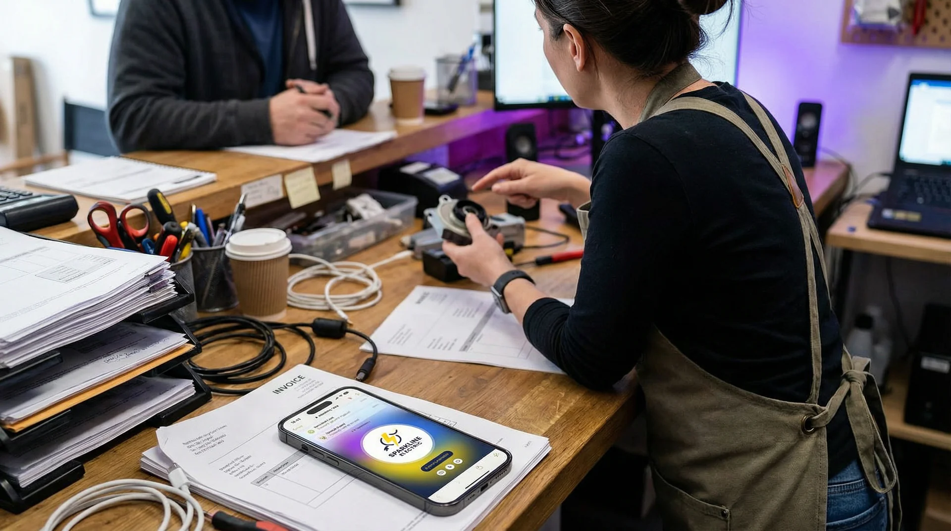 Small business owner looking at a phone showing missed call notifications alongside revenue calculations