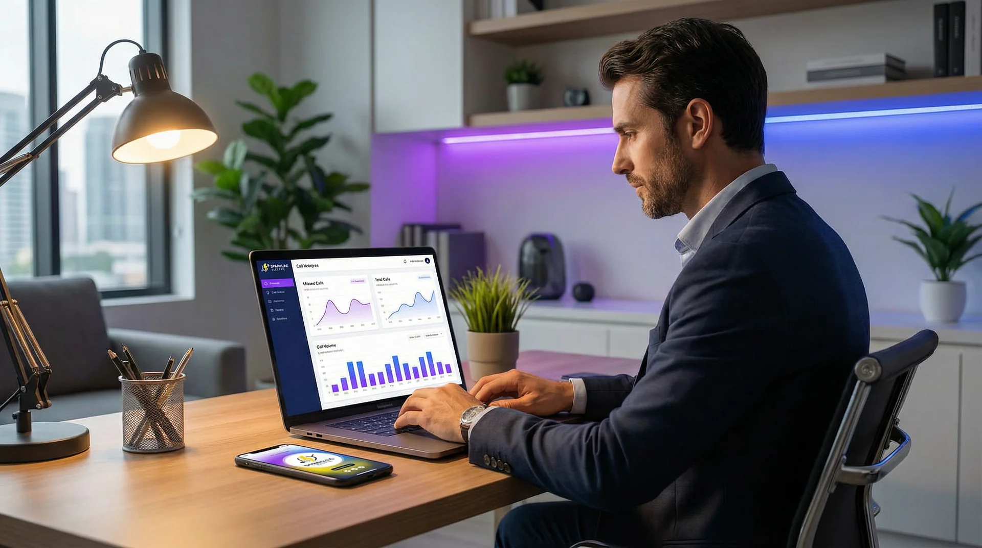 Business owner reviewing call analytics on a laptop showing missed calls, hold times, and after-hours call patterns