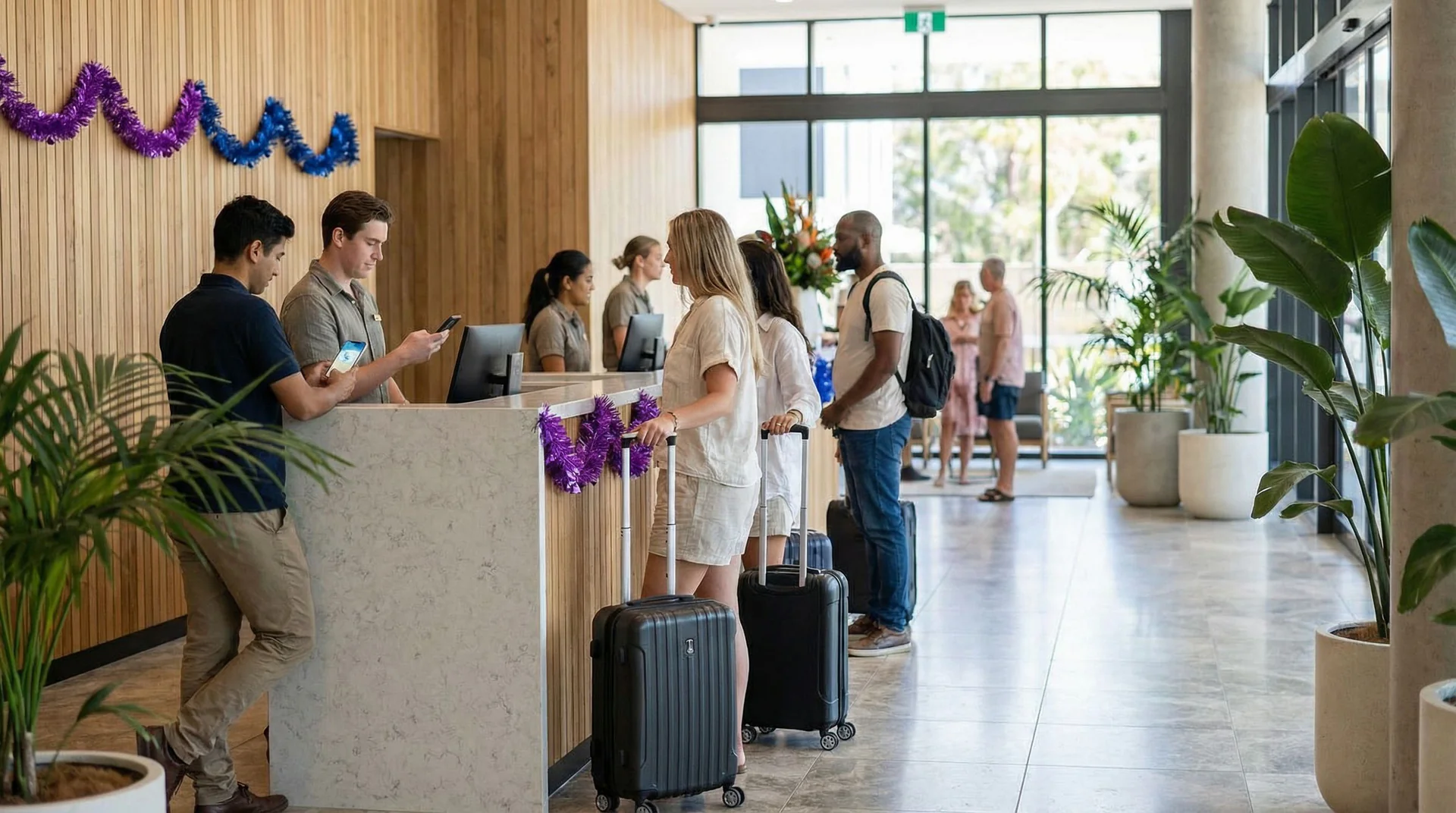 Hotel front desk during holiday season with an AI system handling reservation calls while staff assists check-in guests