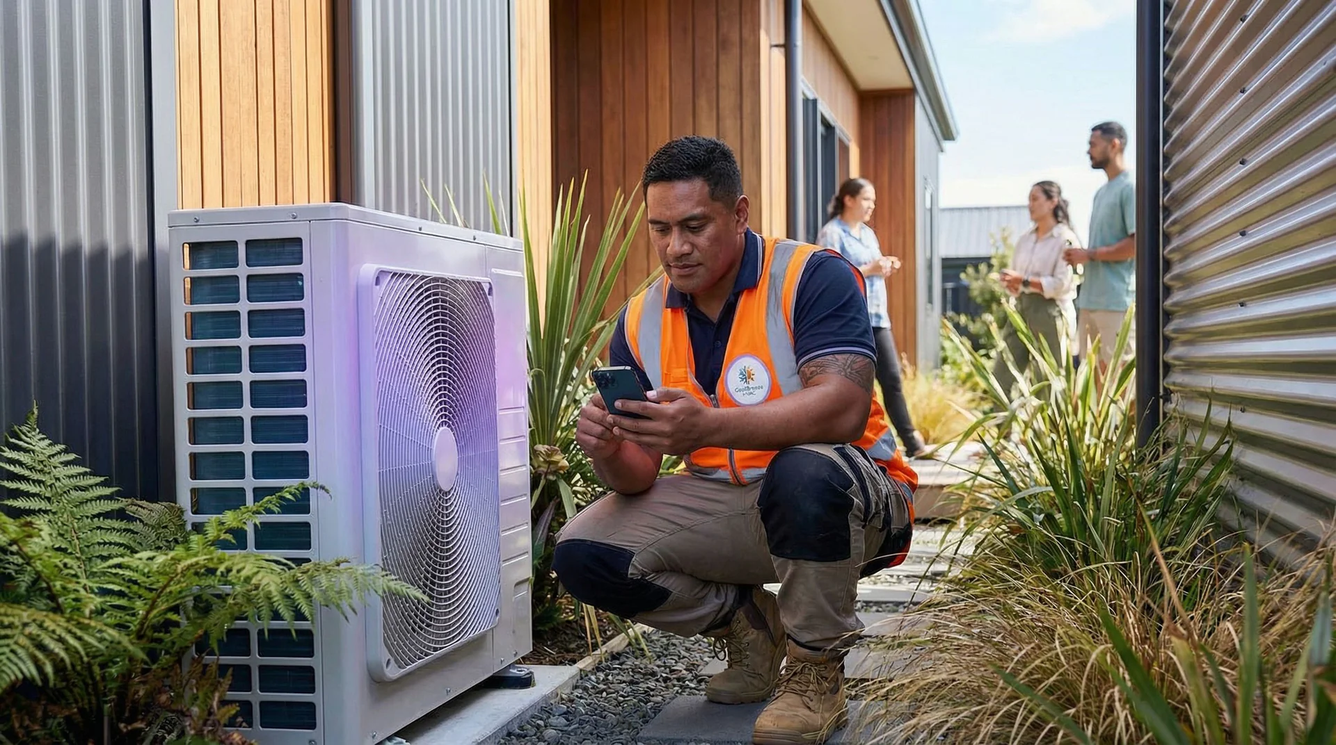 HVAC technician working on an outdoor unit in summer heat while an AI system handles the flood of incoming service calls