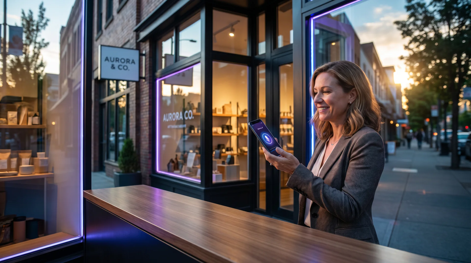 Small business owner speaking with a voice AI genie on a smartphone outside their storefront