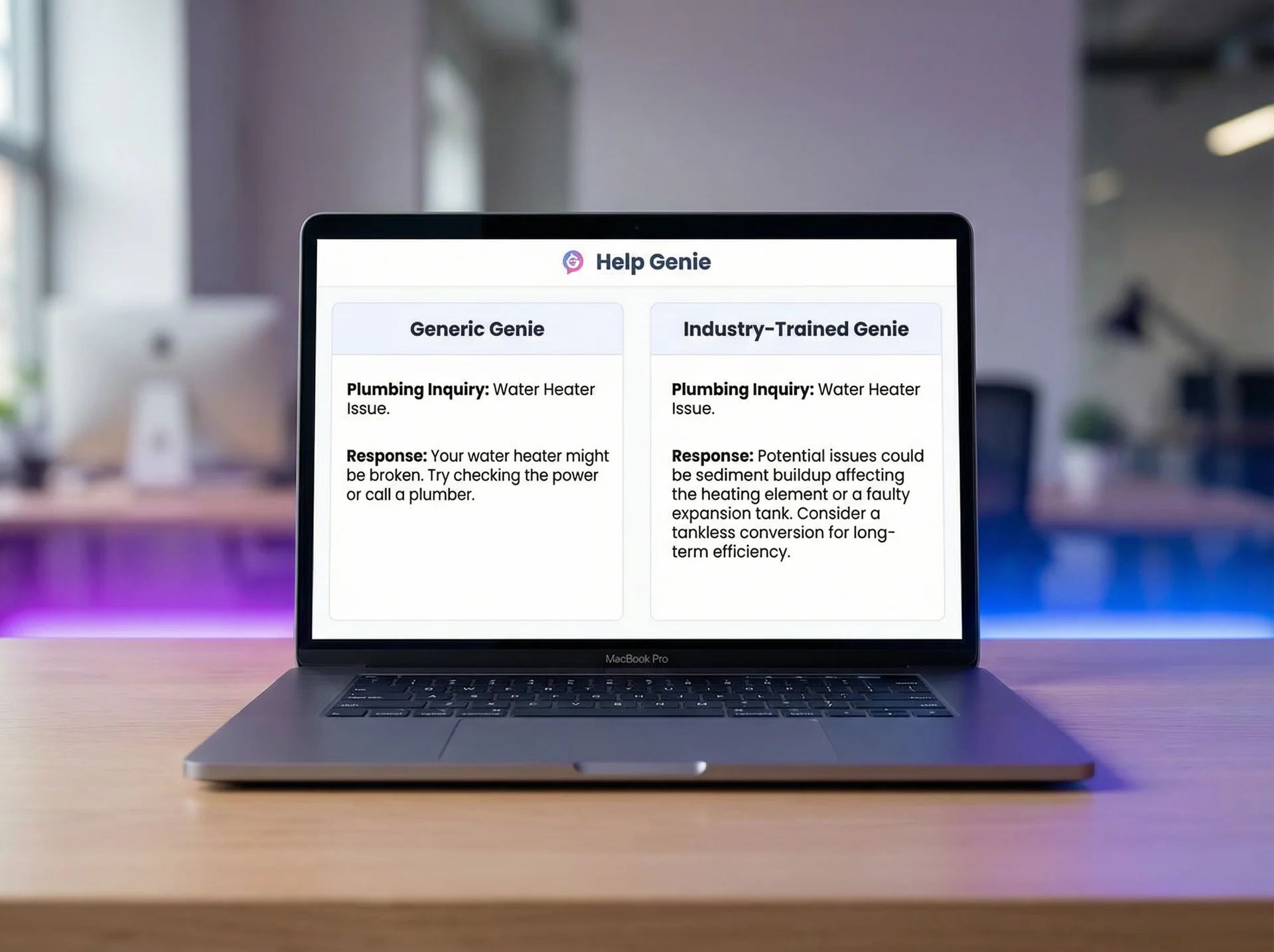Side-by-side comparison of a generic AI response versus an industry-trained voice genie response to a plumbing inquiry