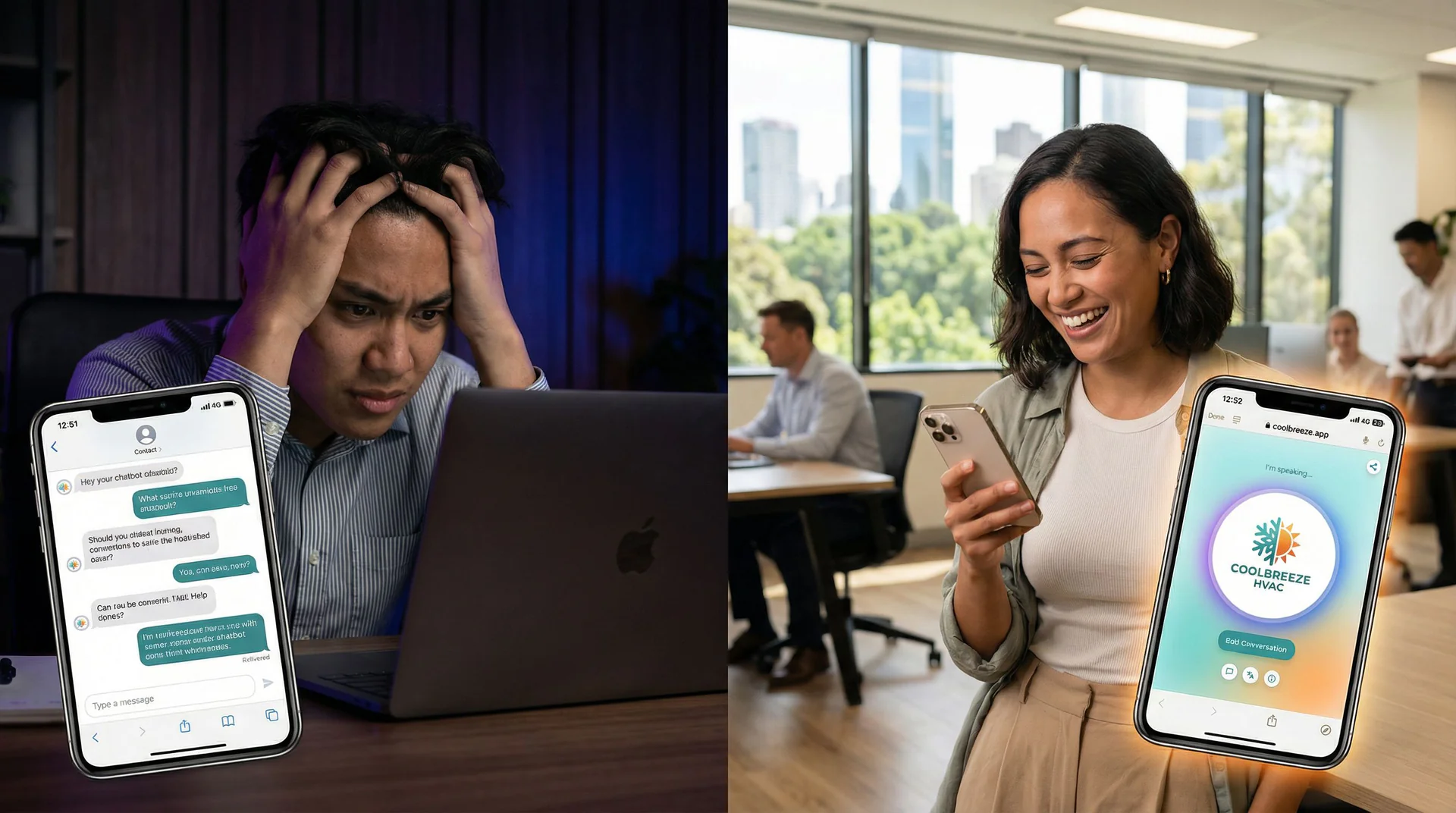 Service business owner reviewing call conversion data on tablet showing voice AI outperforming chatbot