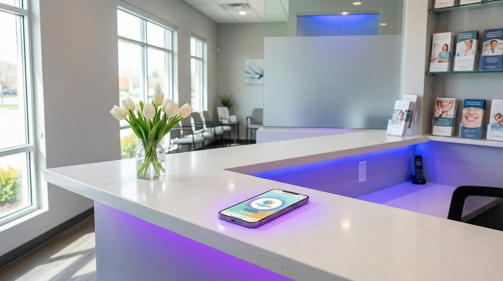 Dental office front desk with a phone displaying an AI call handling interface