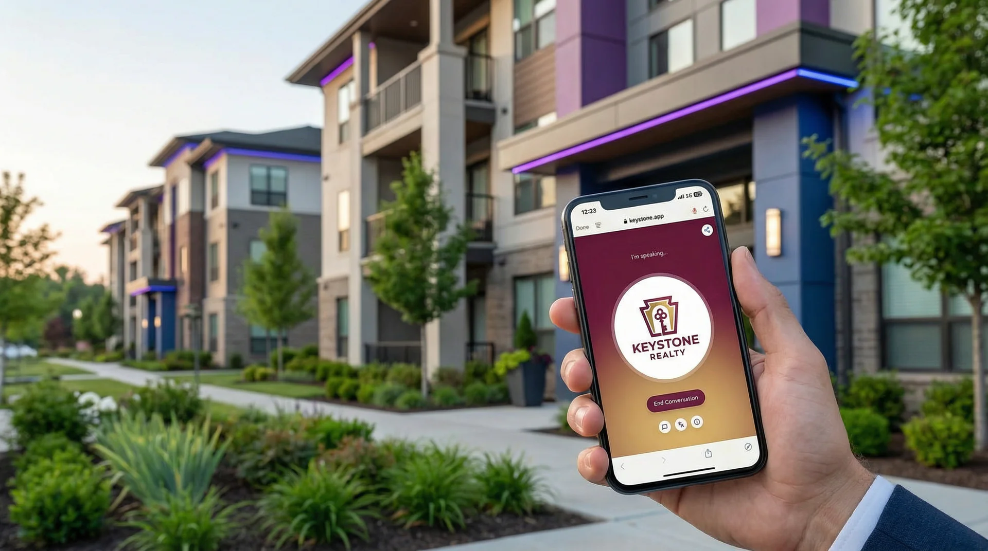 Property manager reviewing maintenance dispatch notifications on a phone at an apartment complex