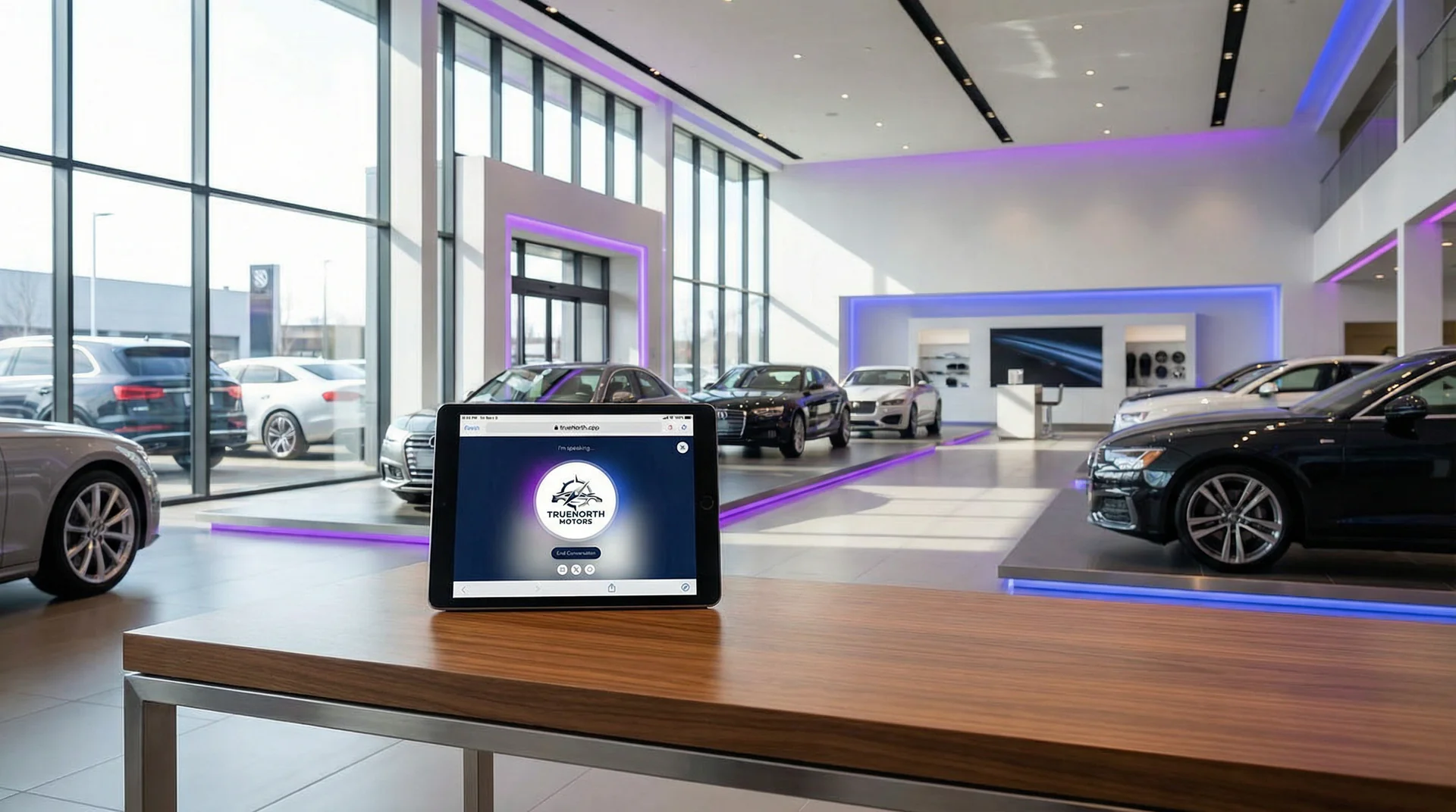 Auto dealership showroom with a sales manager reviewing lead notifications on a tablet