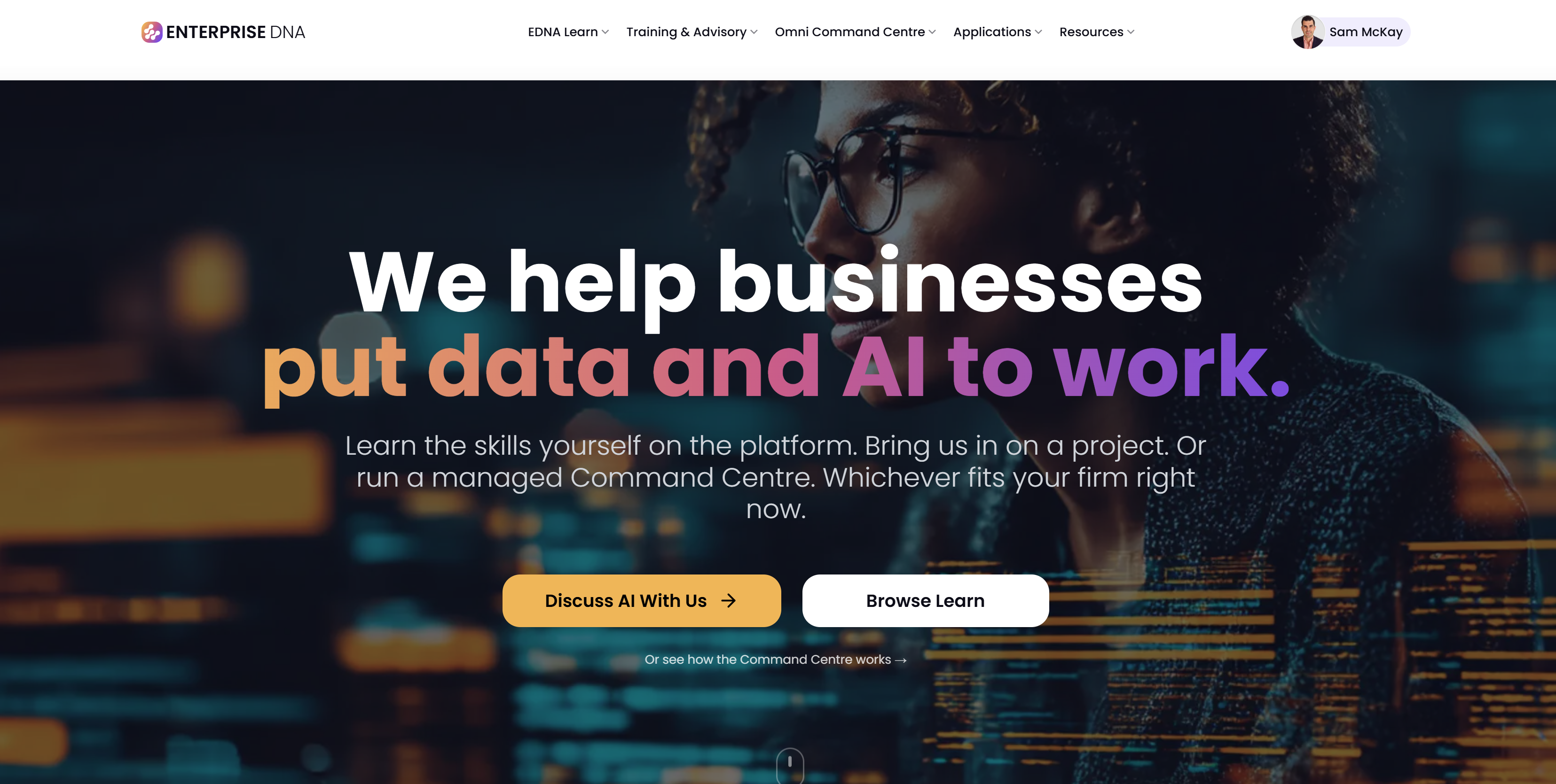 Enterprise DNA homepage — "We help businesses put data and AI to work"
