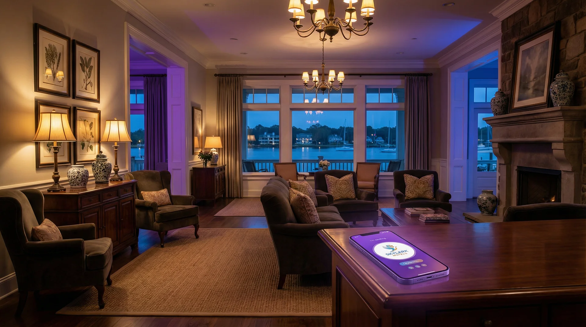 Boutique hotel lobby at night with a phone showing the Help Genie concierge interface