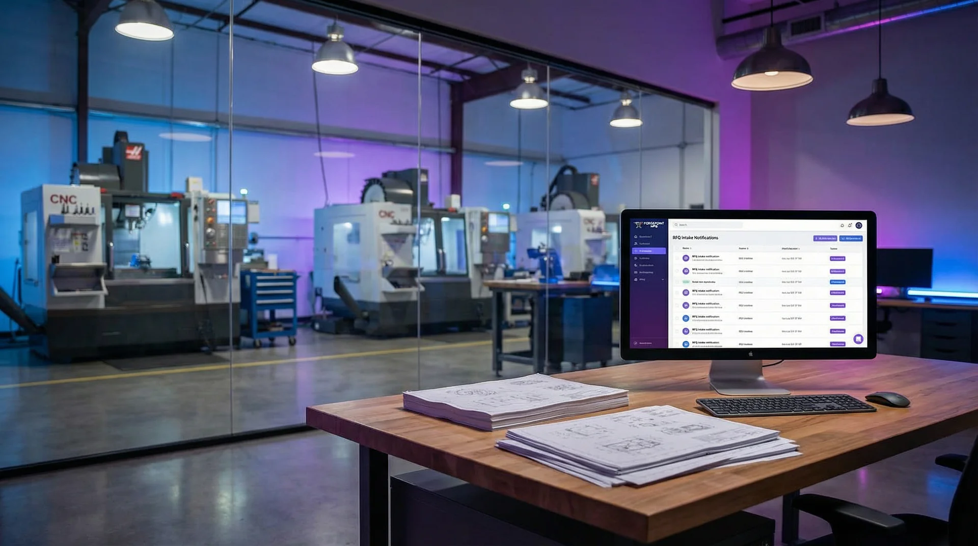 Manufacturing shop floor with an office manager reviewing RFQ notifications on a computer screen