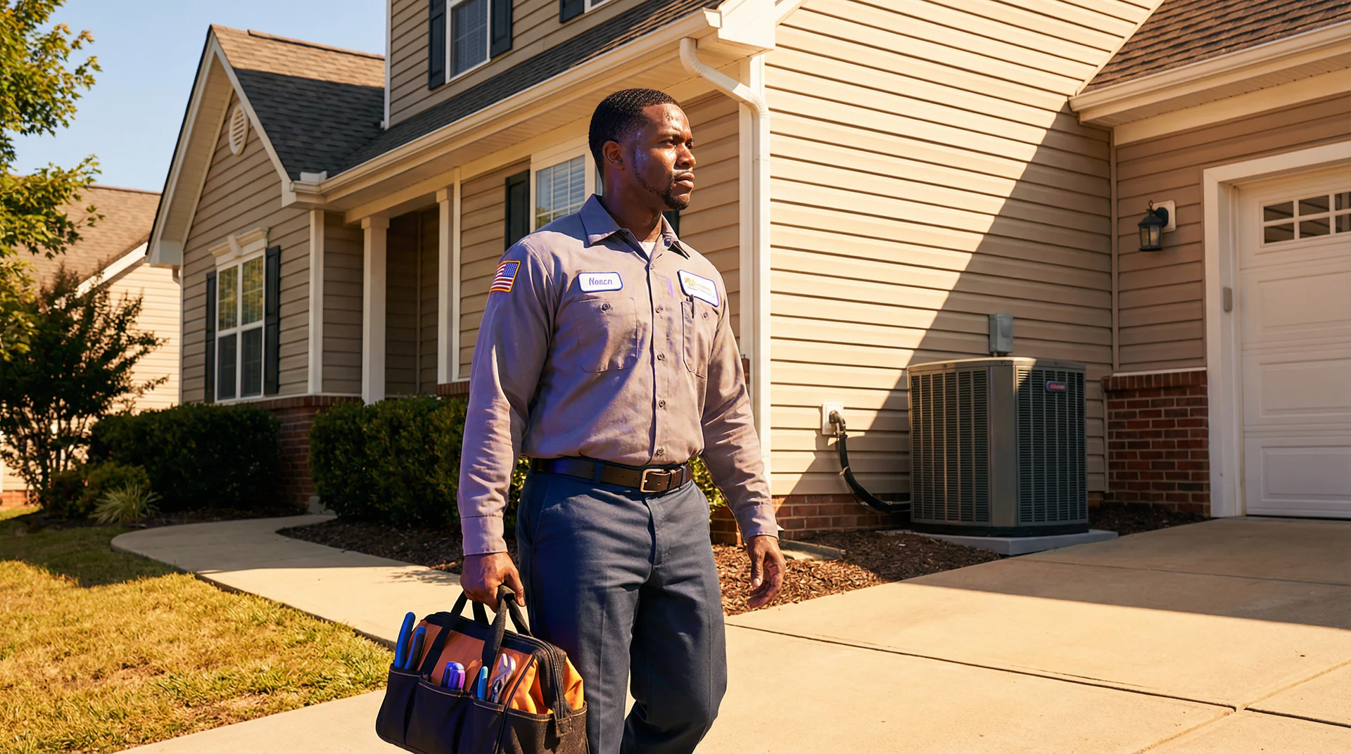 HVAC technician on a service call while AI handles incoming emergency calls in the background