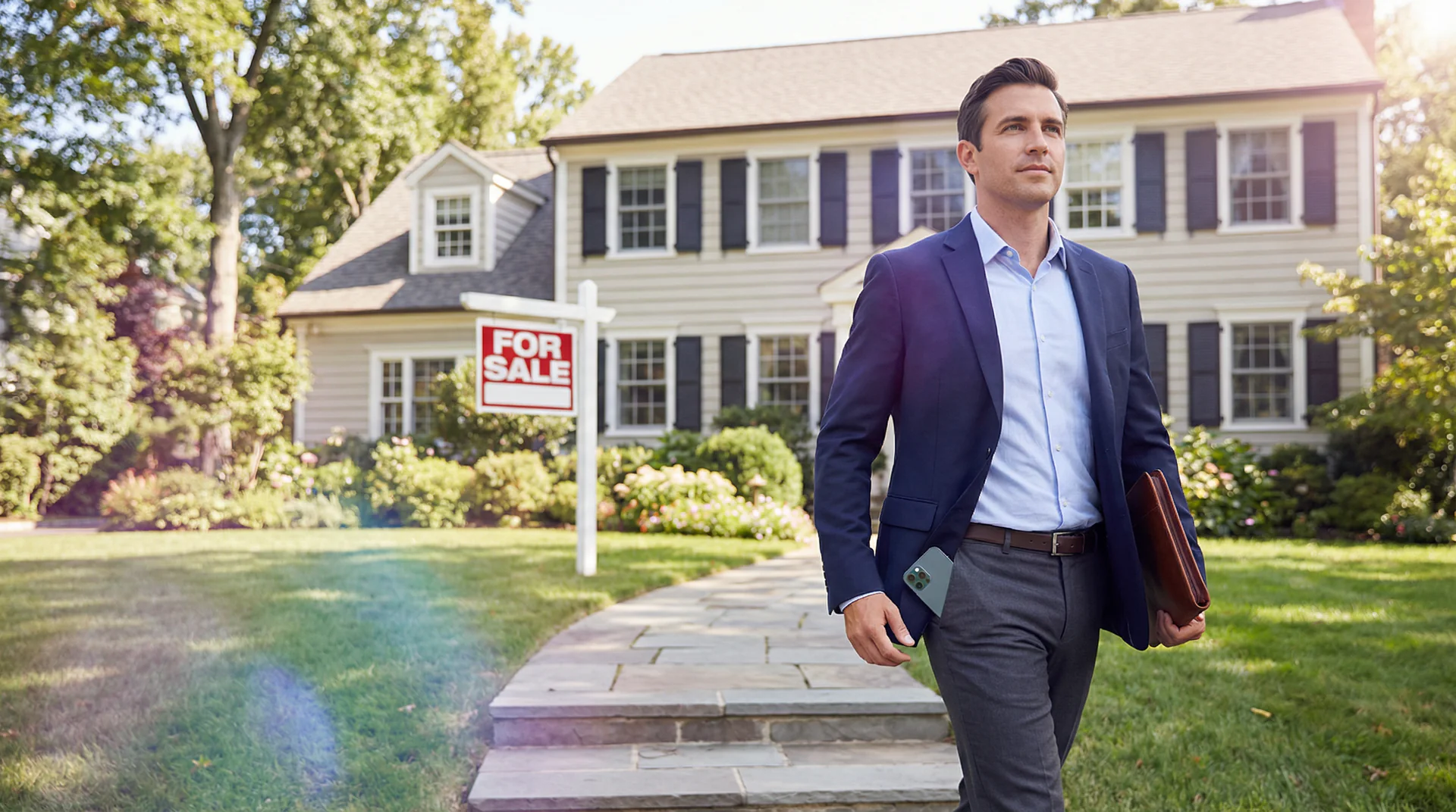 Real estate agent confidently showing a property while AI handles incoming listing calls