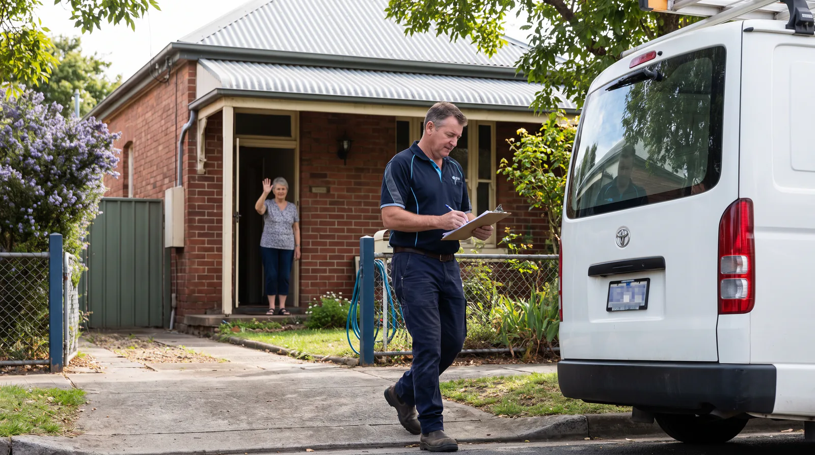 A plumber in work clothes carries a clipboard toward his van as a homeowner waves from an open front door