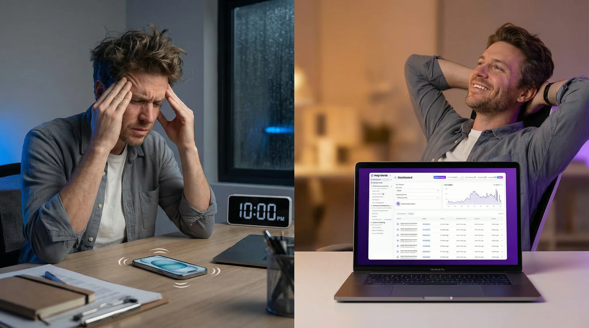 Split screen comparing AI-powered call handling with traditional virtual receptionist service