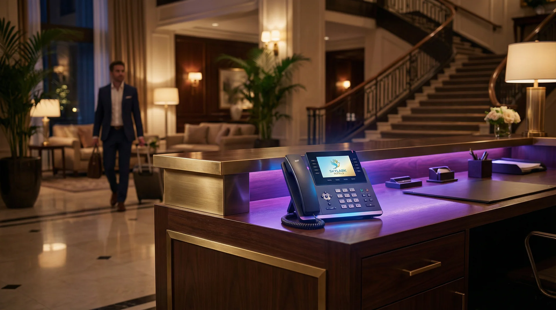 Hotel front desk with phone system showing AI voice genie handling an after-hours guest call