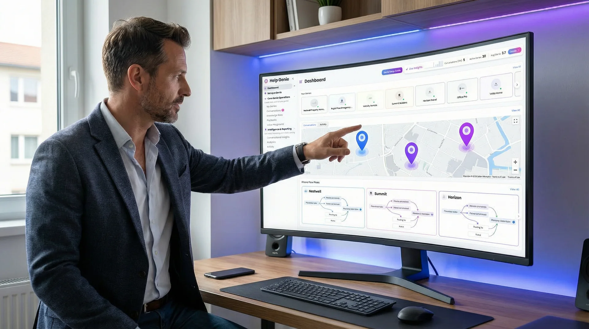 Business owner reviewing AI call routing dashboard showing multiple location flows on a desktop screen