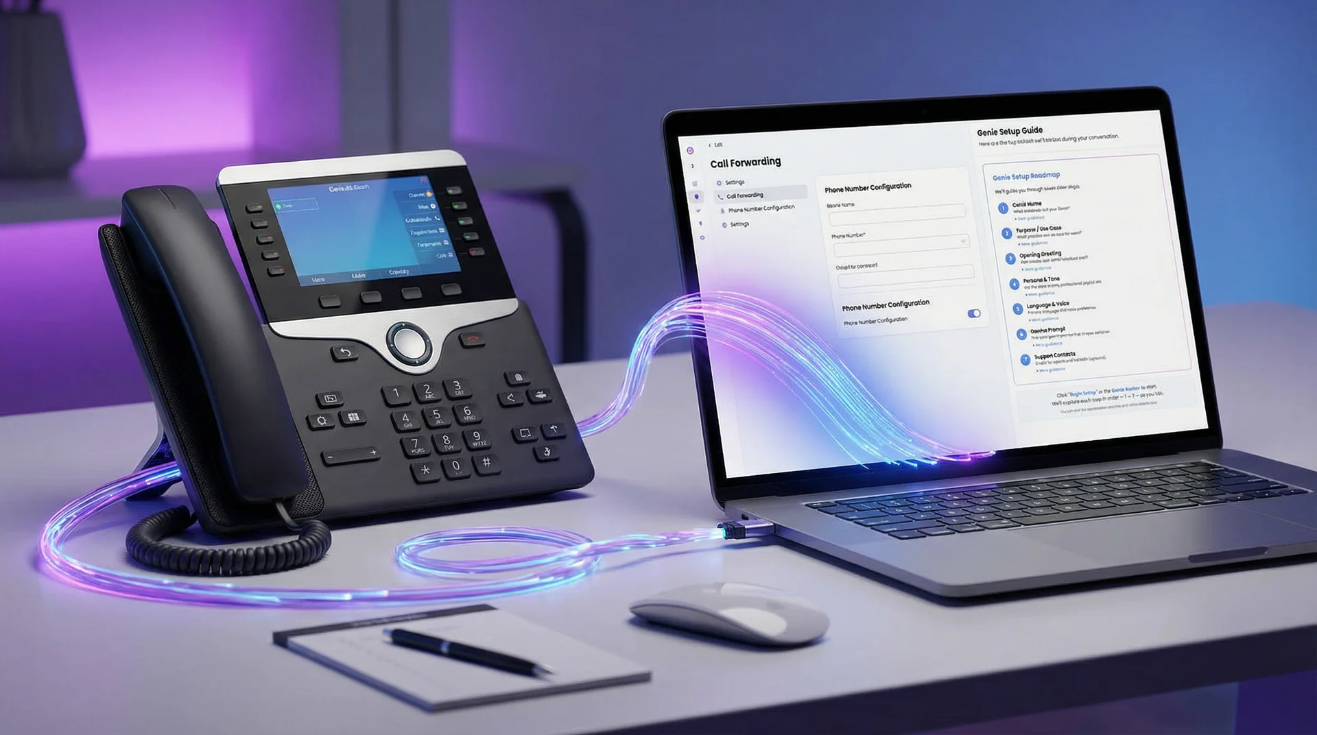 Business phone system connected to Help Genie dashboard showing active call routing